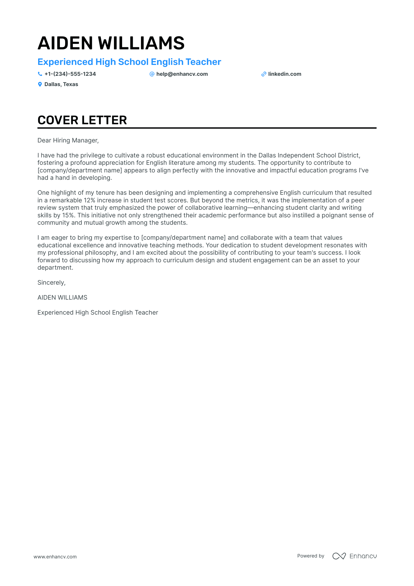 english teacher cover letter example