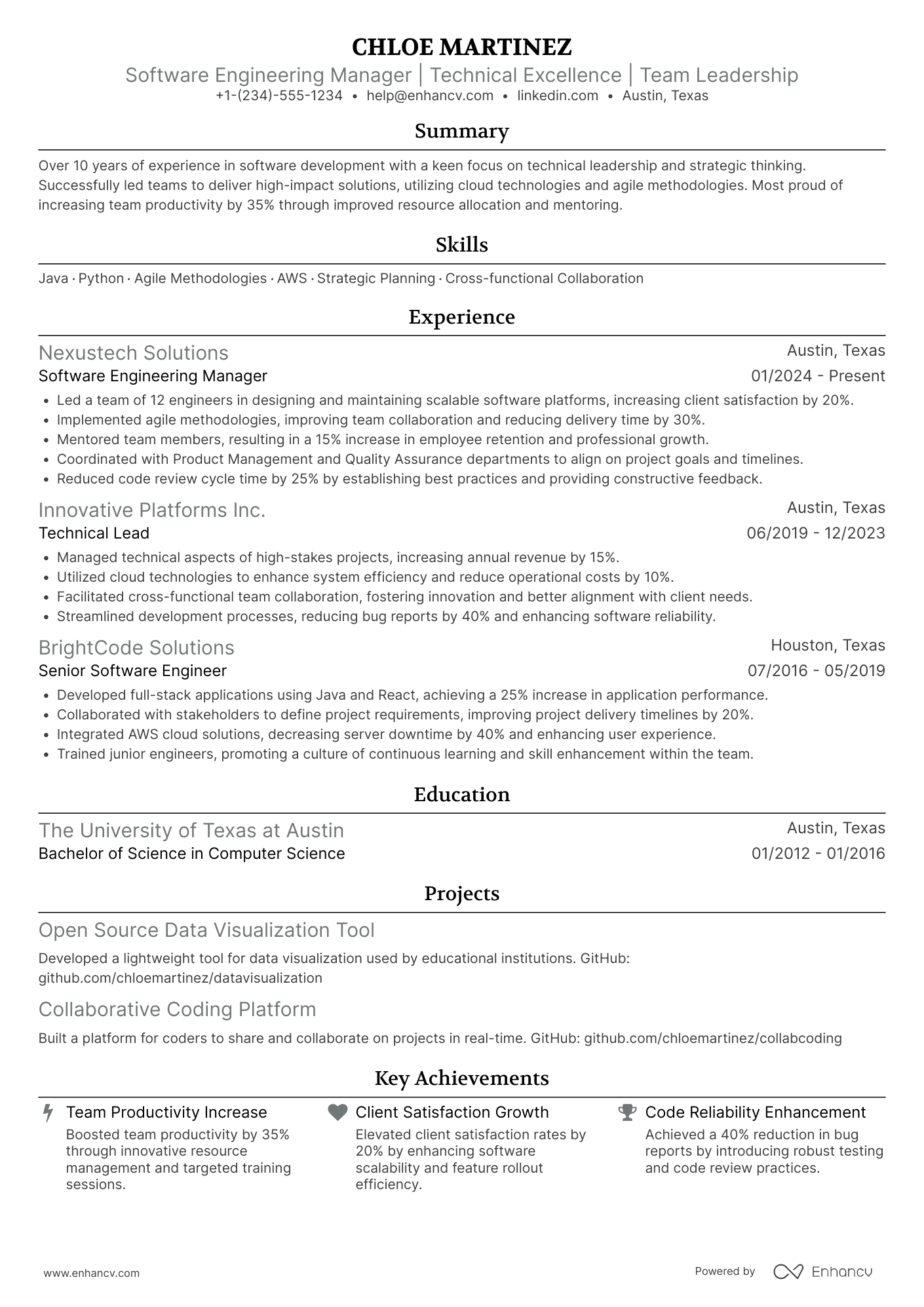 A resume example of a Software Engineering Manager