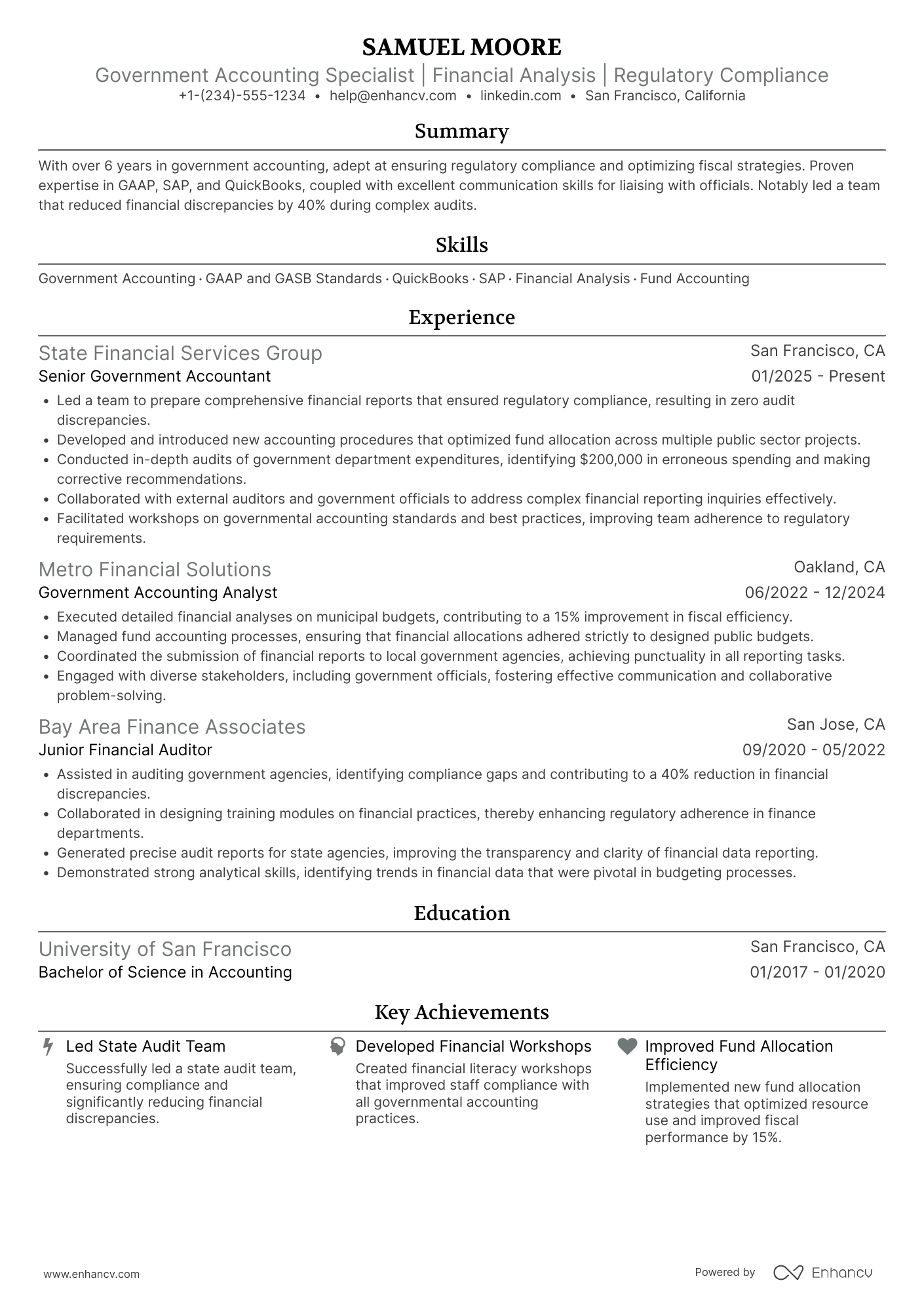 A resume example of a Government Accounting