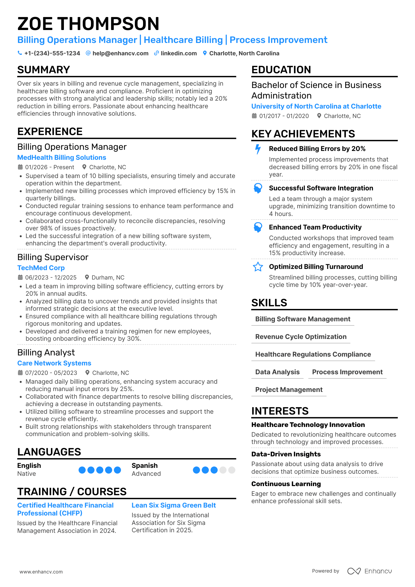 A resume example of a Billing Operations Manager
