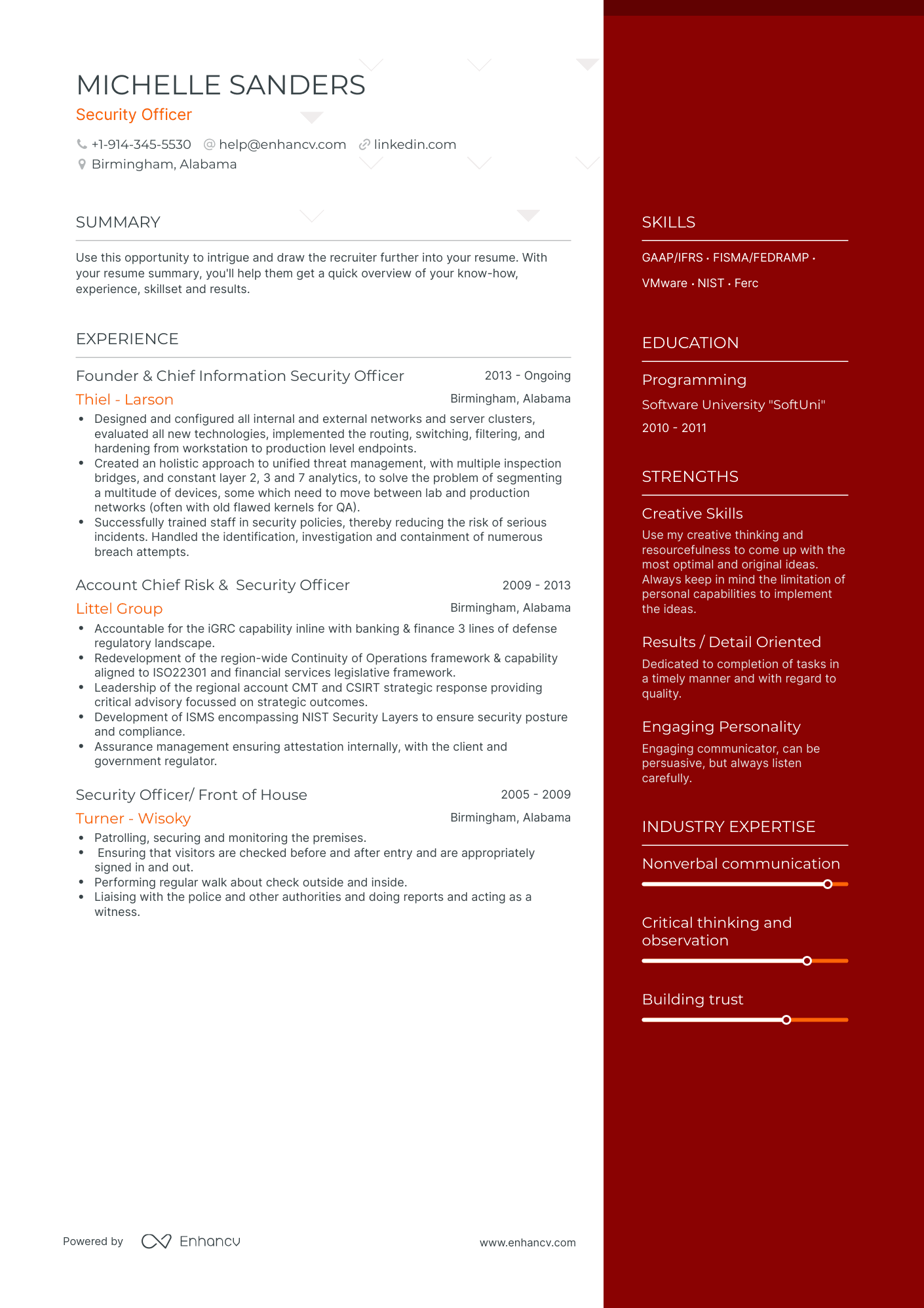 One Page Security Officer Resume Template