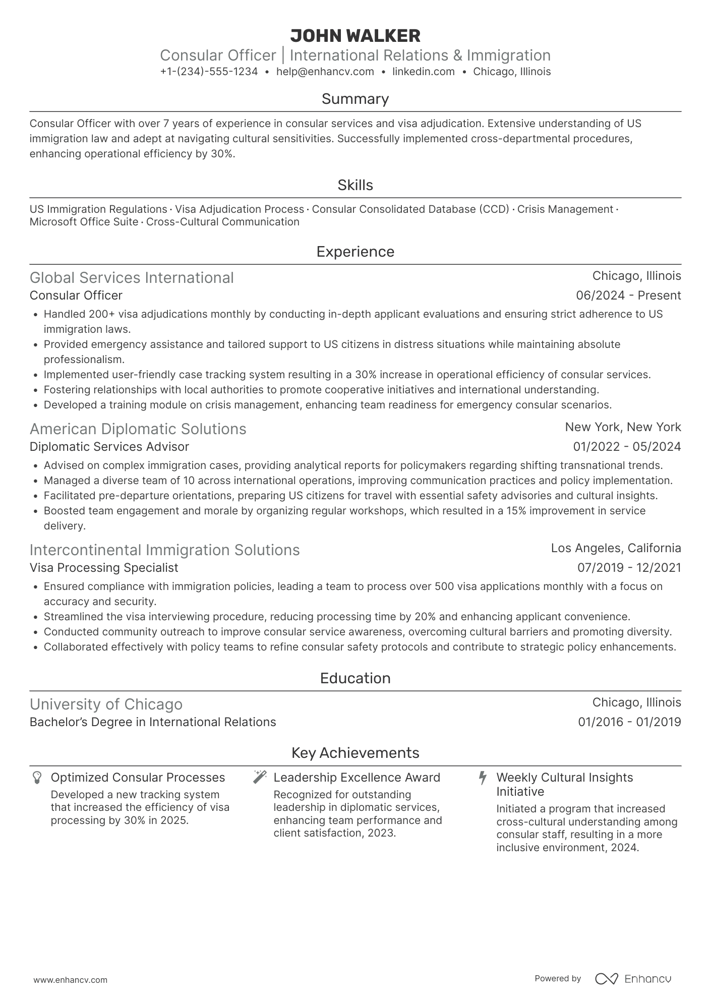 A resume example of a US Embassy Consular Officer