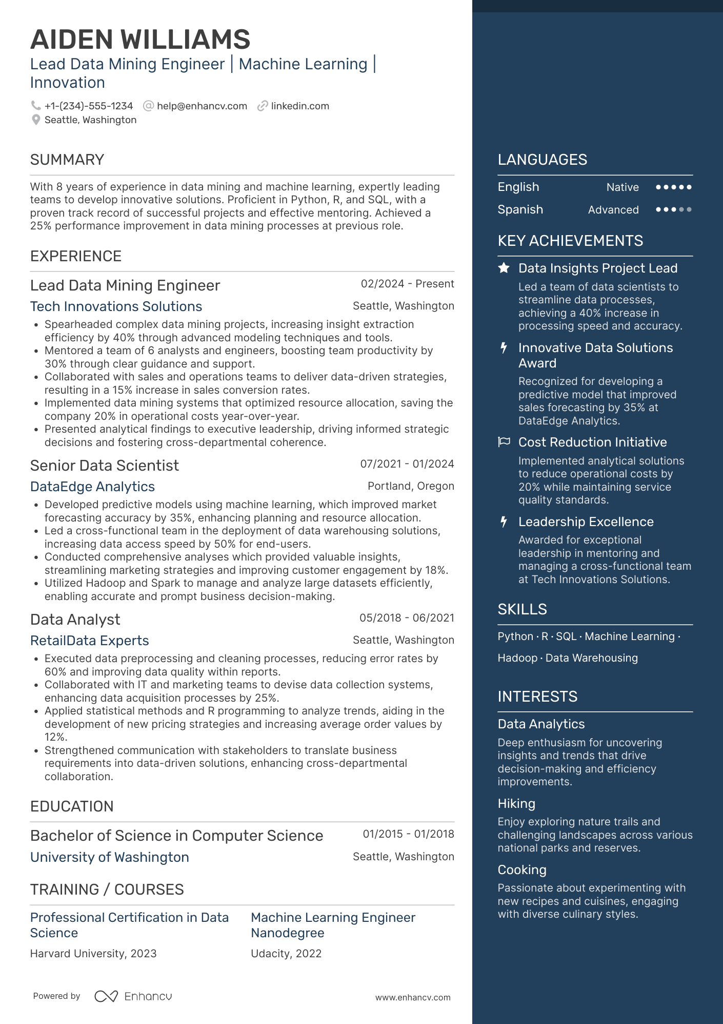 A resume example of a Lead Data Mining Engineer