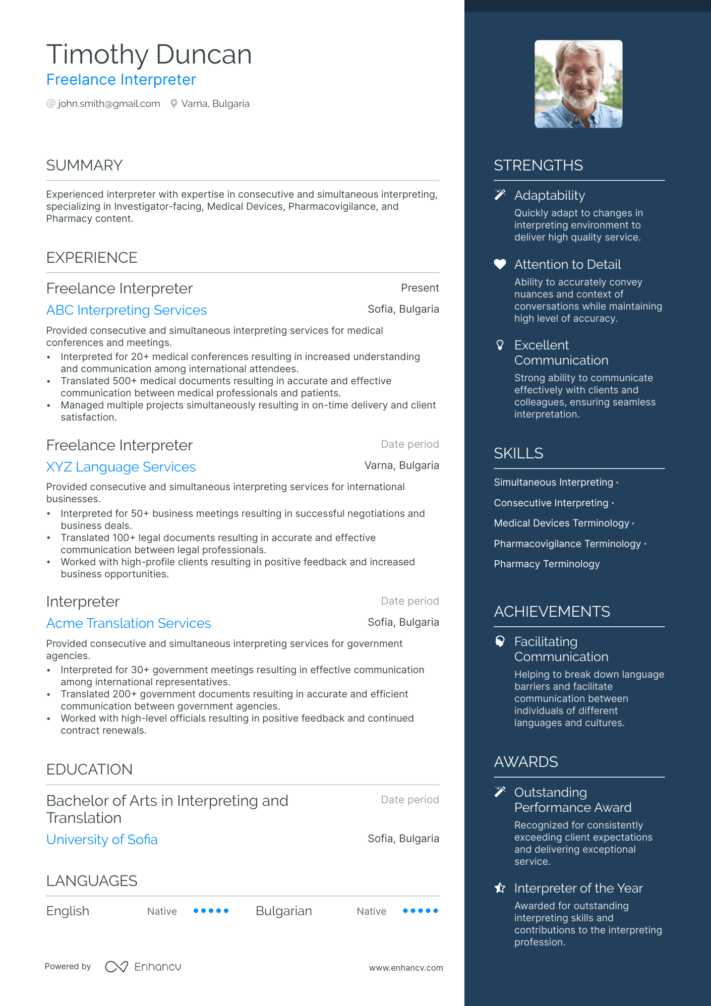 A resume example of a Freelance Interpreter