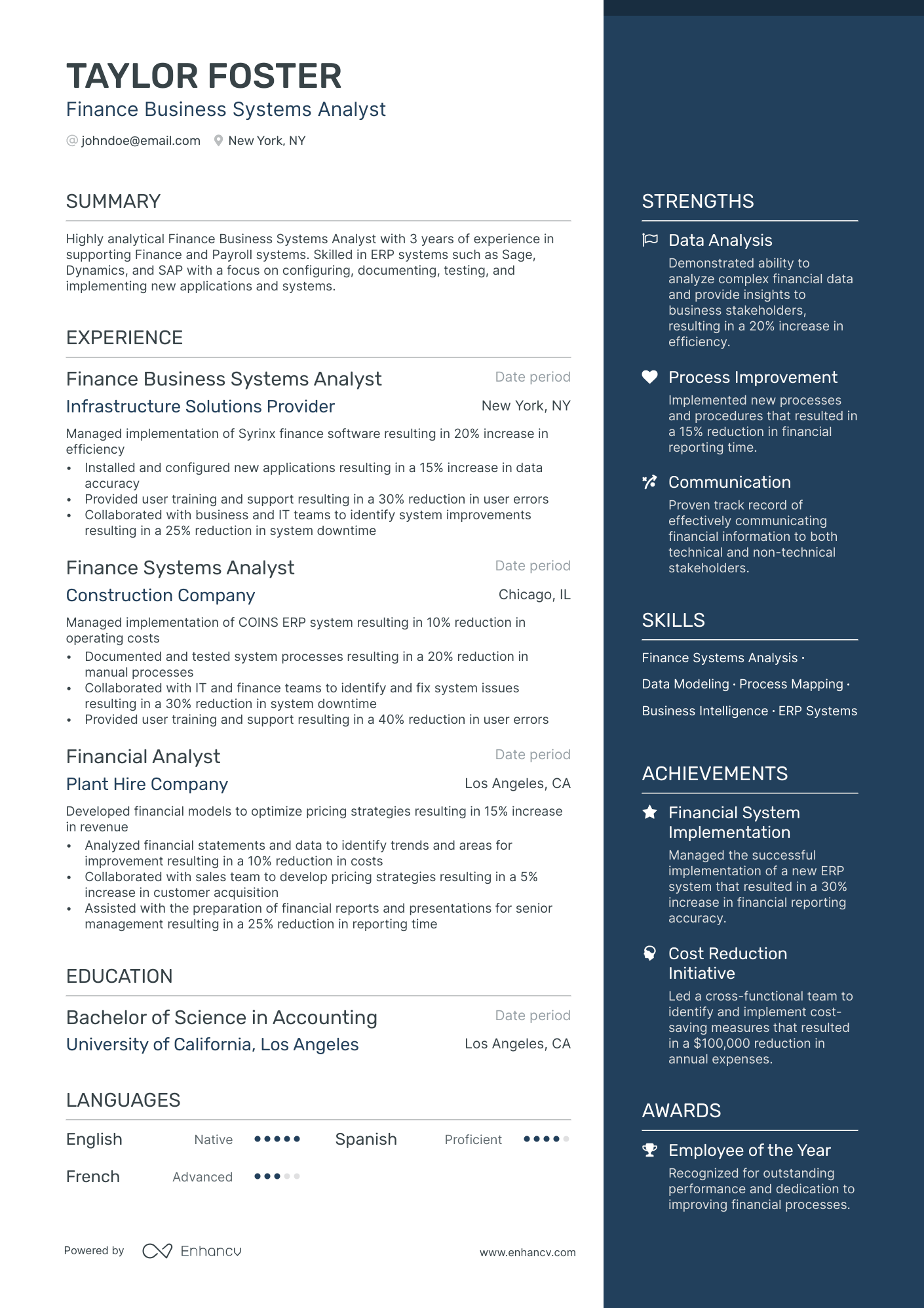 A resume example of a Finance Business Analyst