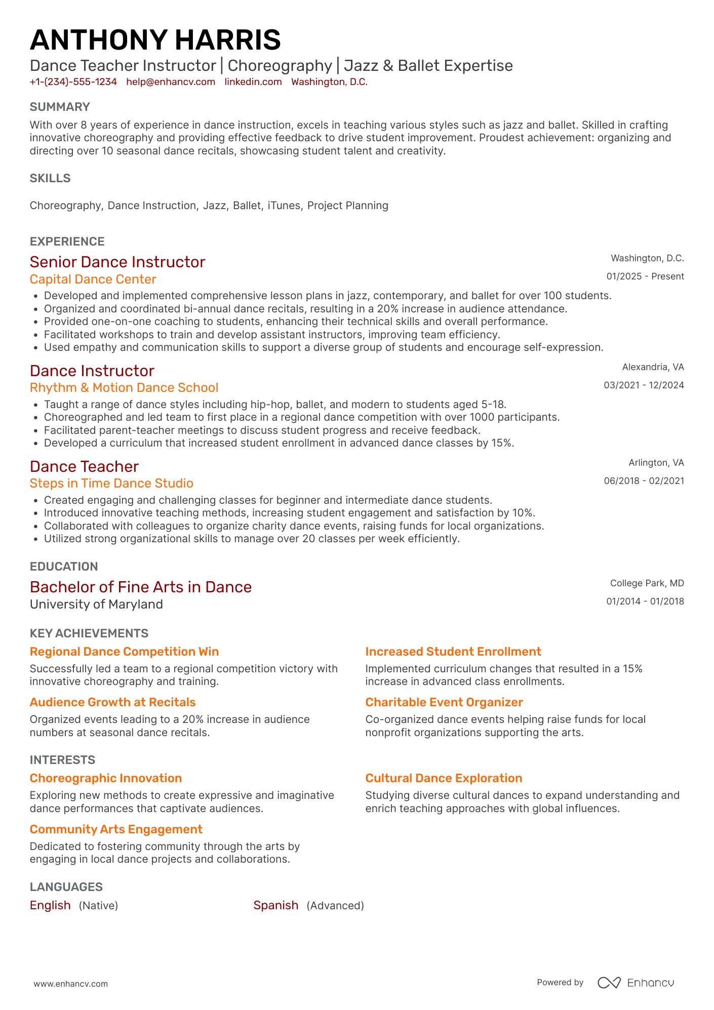 A resume example of a Dance Teacher Instructor