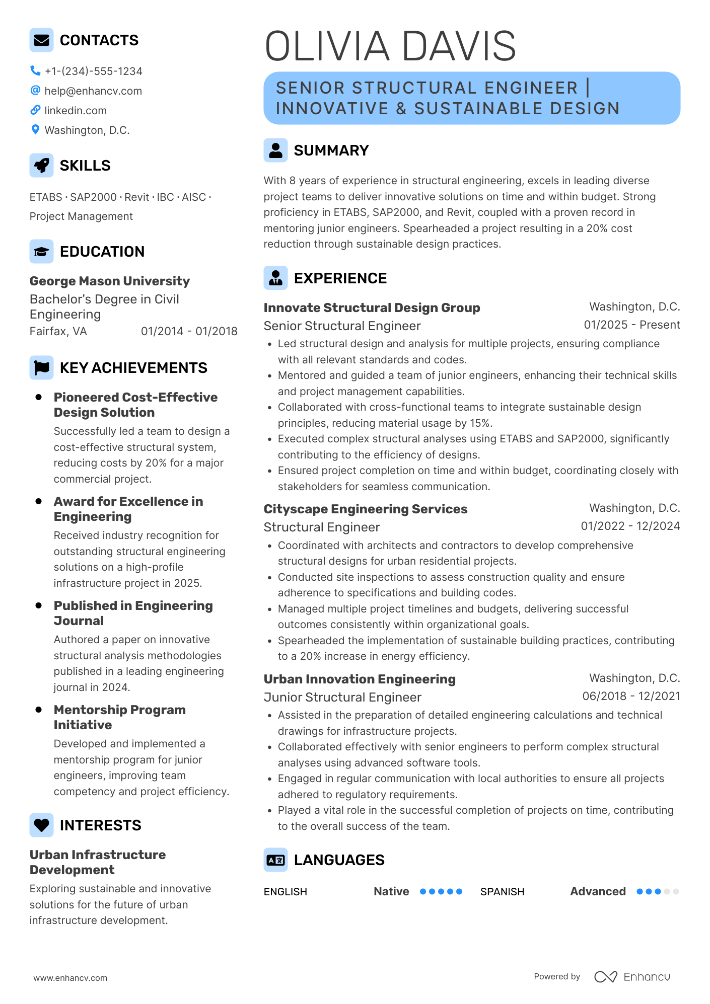 A resume example of a Senior Structural Engineer