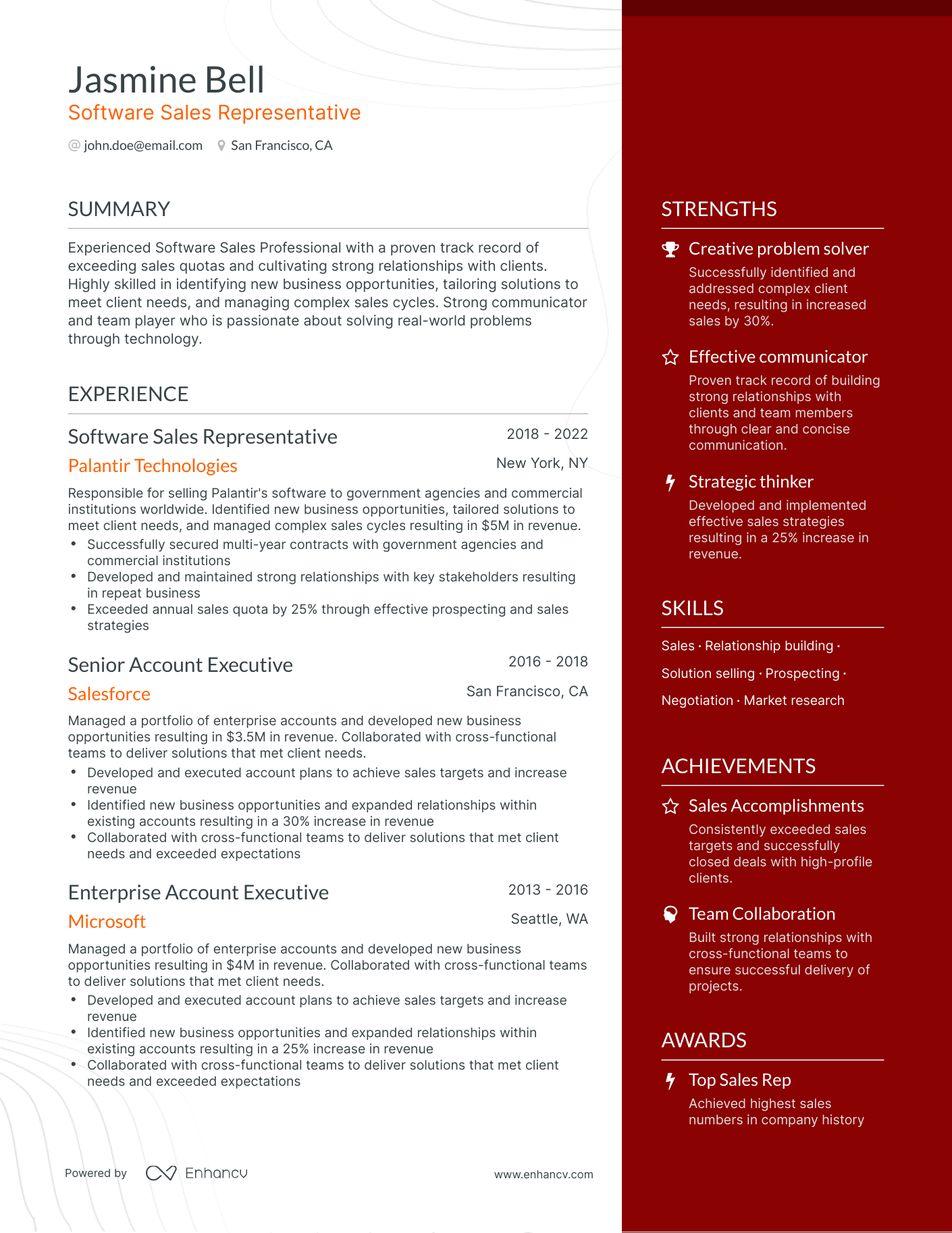 One Page Software Sales Resume Template