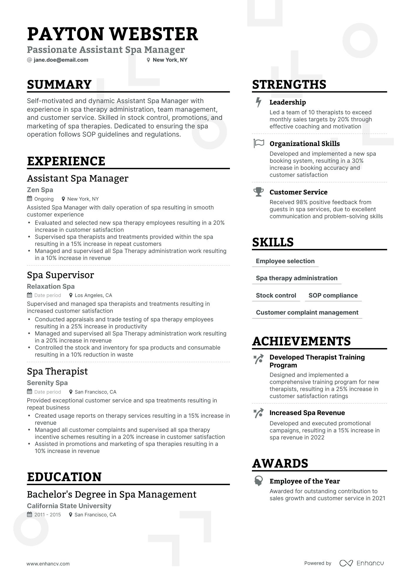 Simple Assistant Spa Manager Resume Template