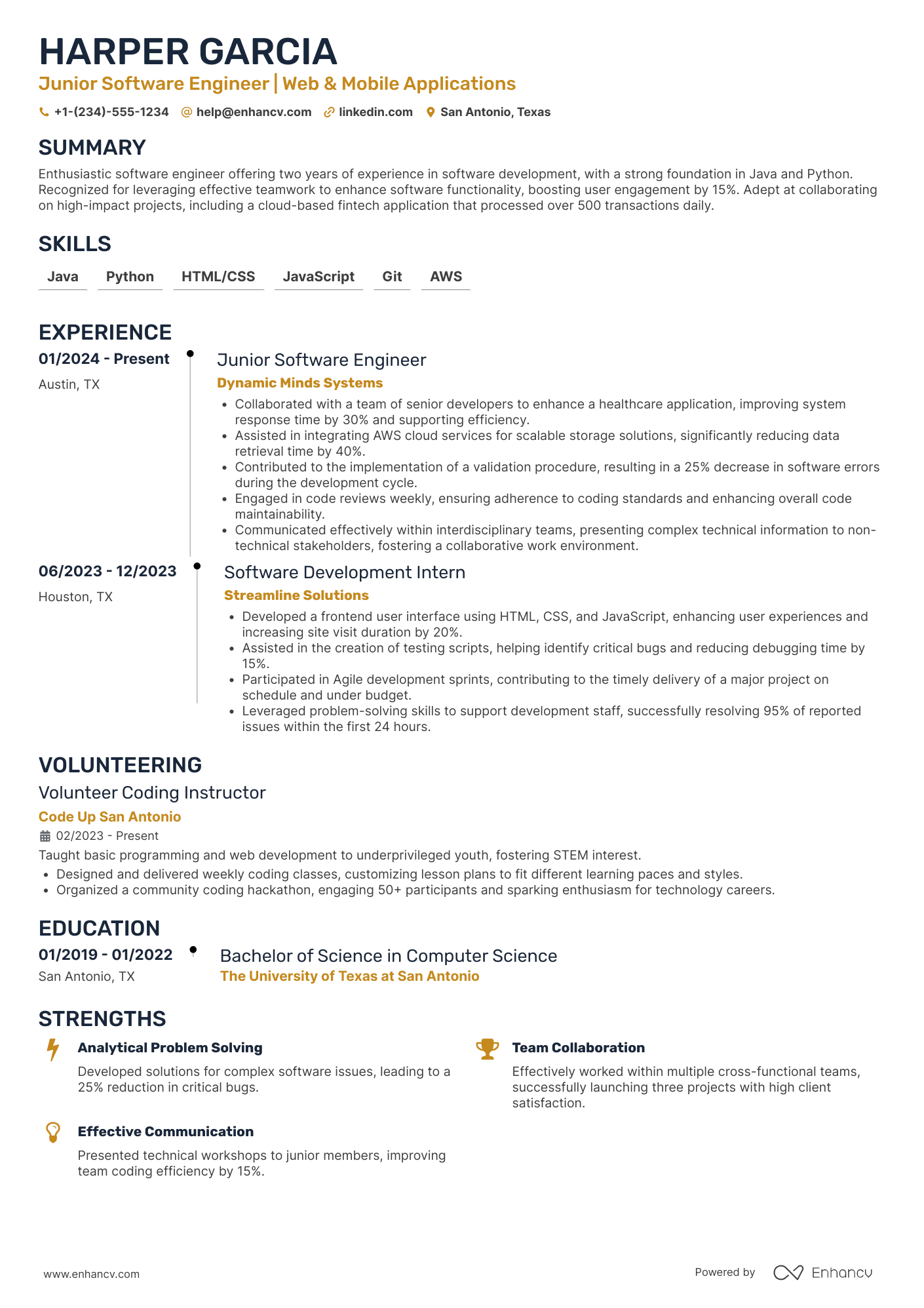 A resume example of a Junior Software Engineer