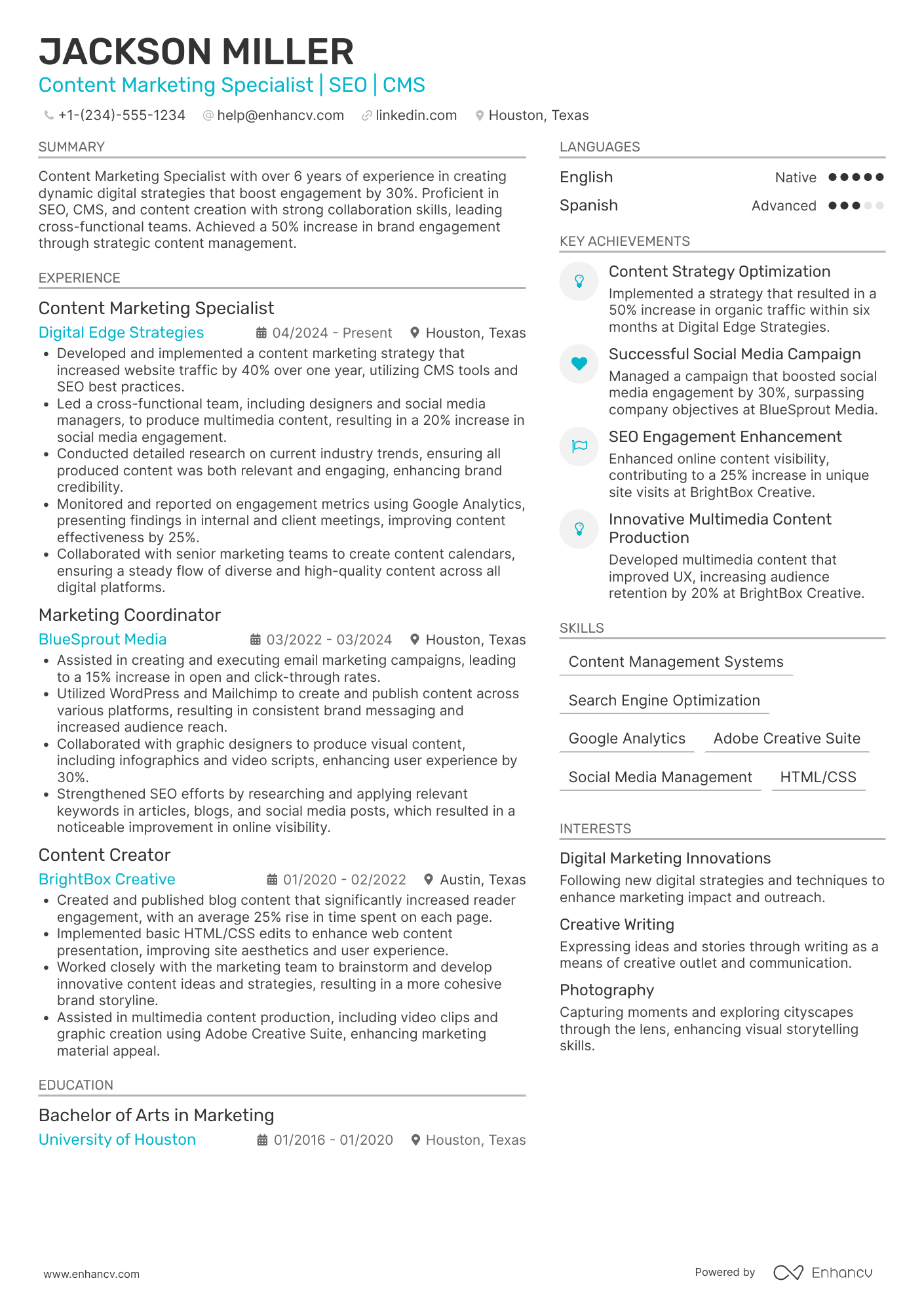 A resume example of a Content Marketing Assistant