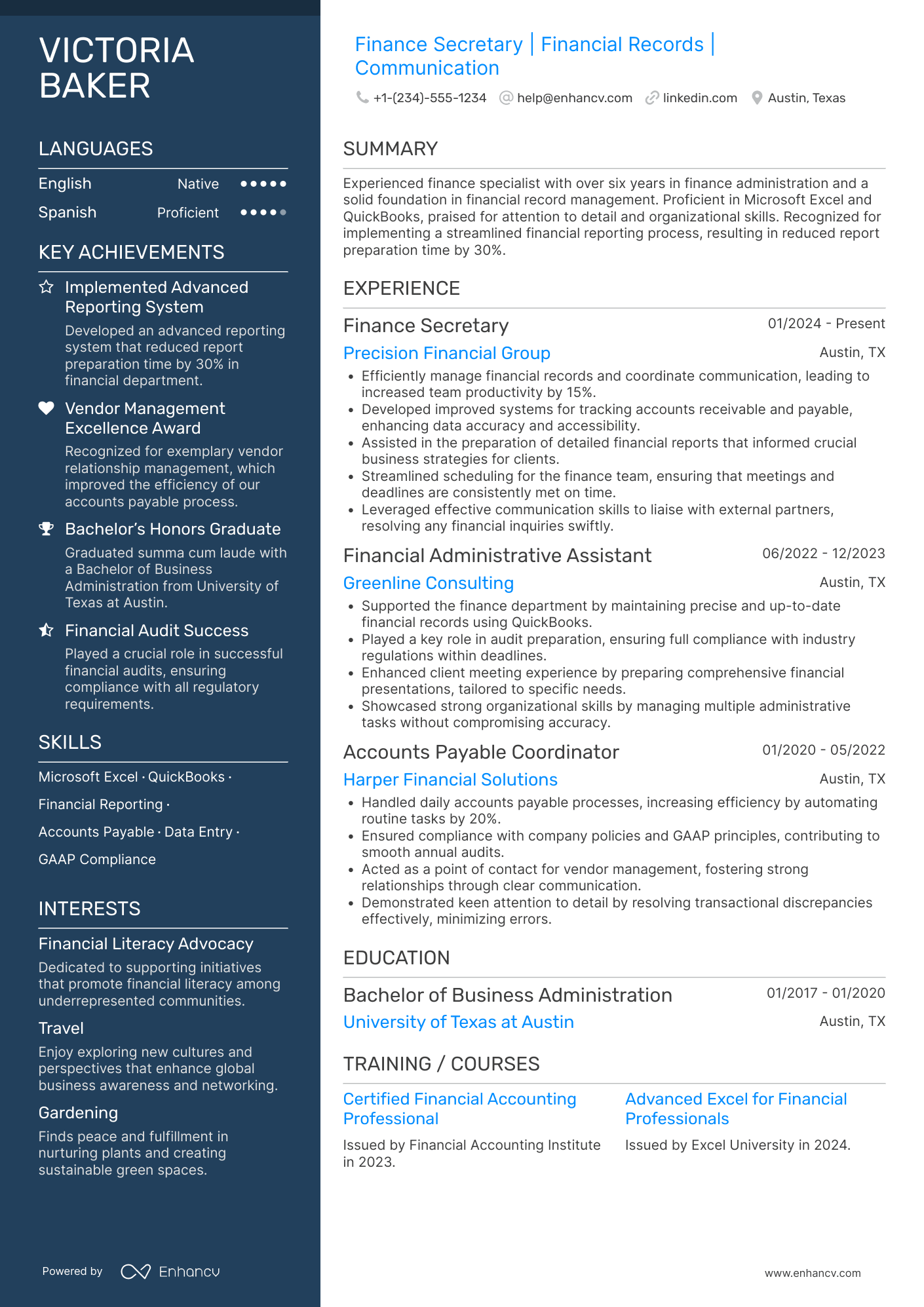 A resume example of a Finance Secretary