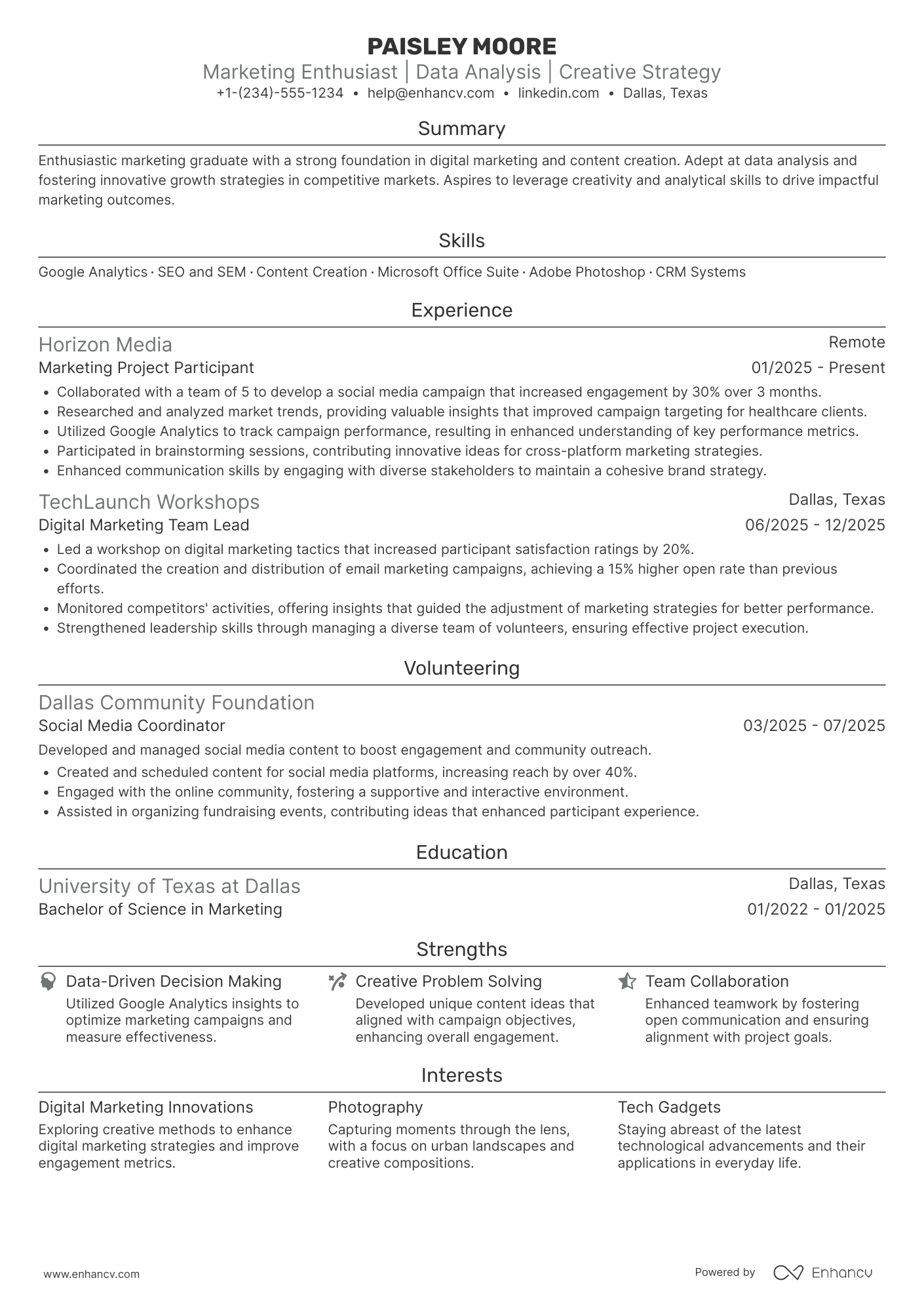 A resume example of a Entry Level Marketing Intern