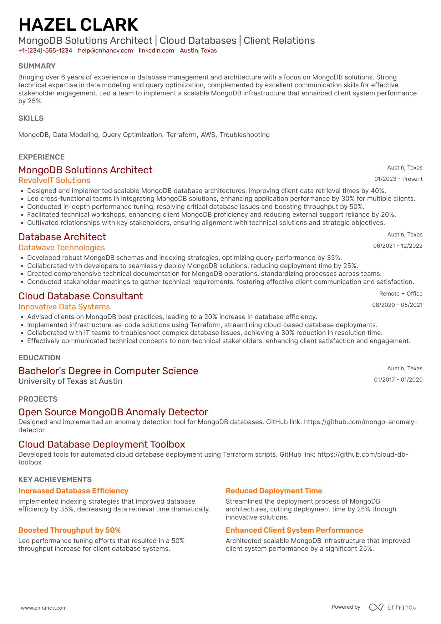A resume example of a MongoDB Solutions Architect