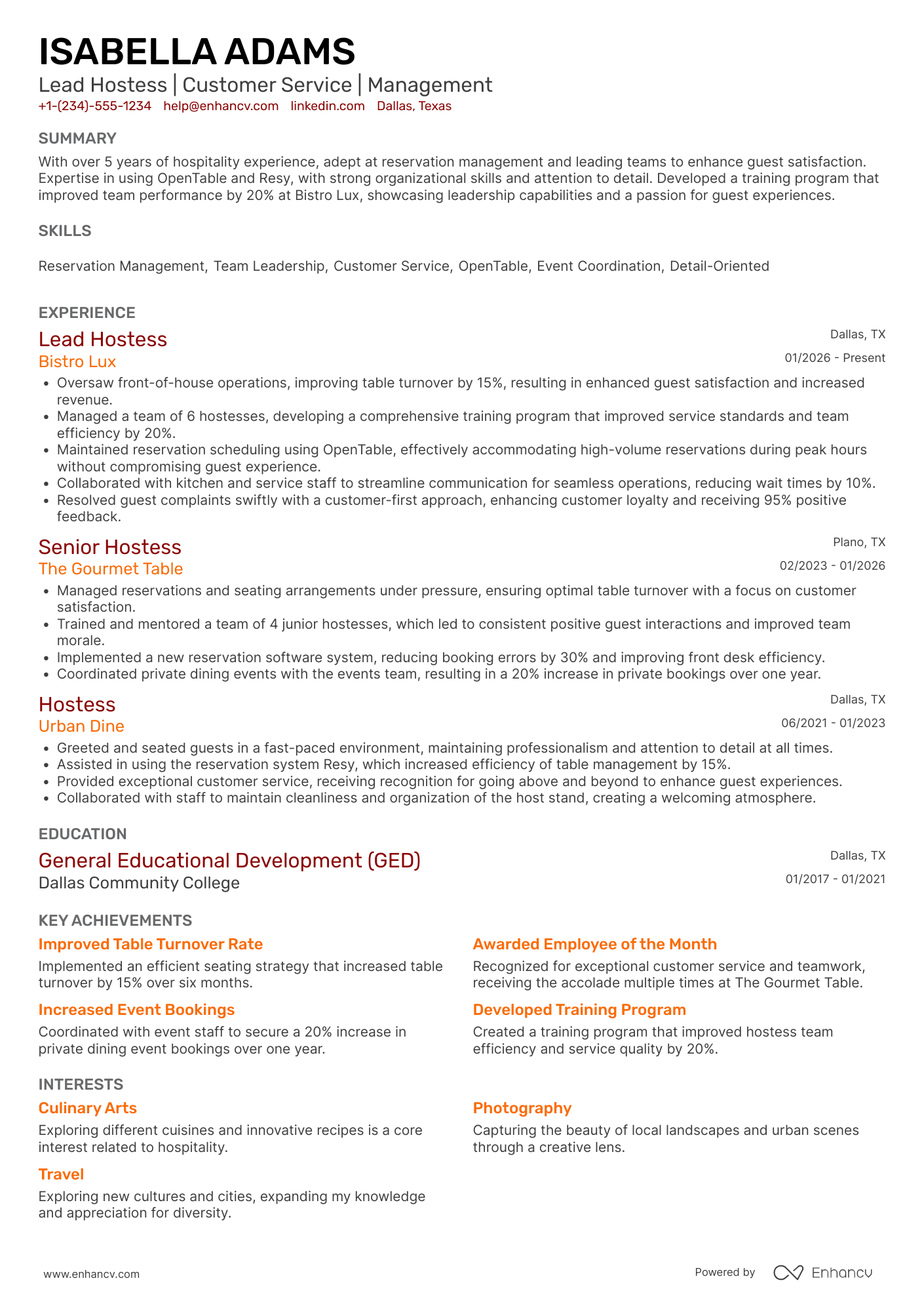 A resume example of a Lead Hostess