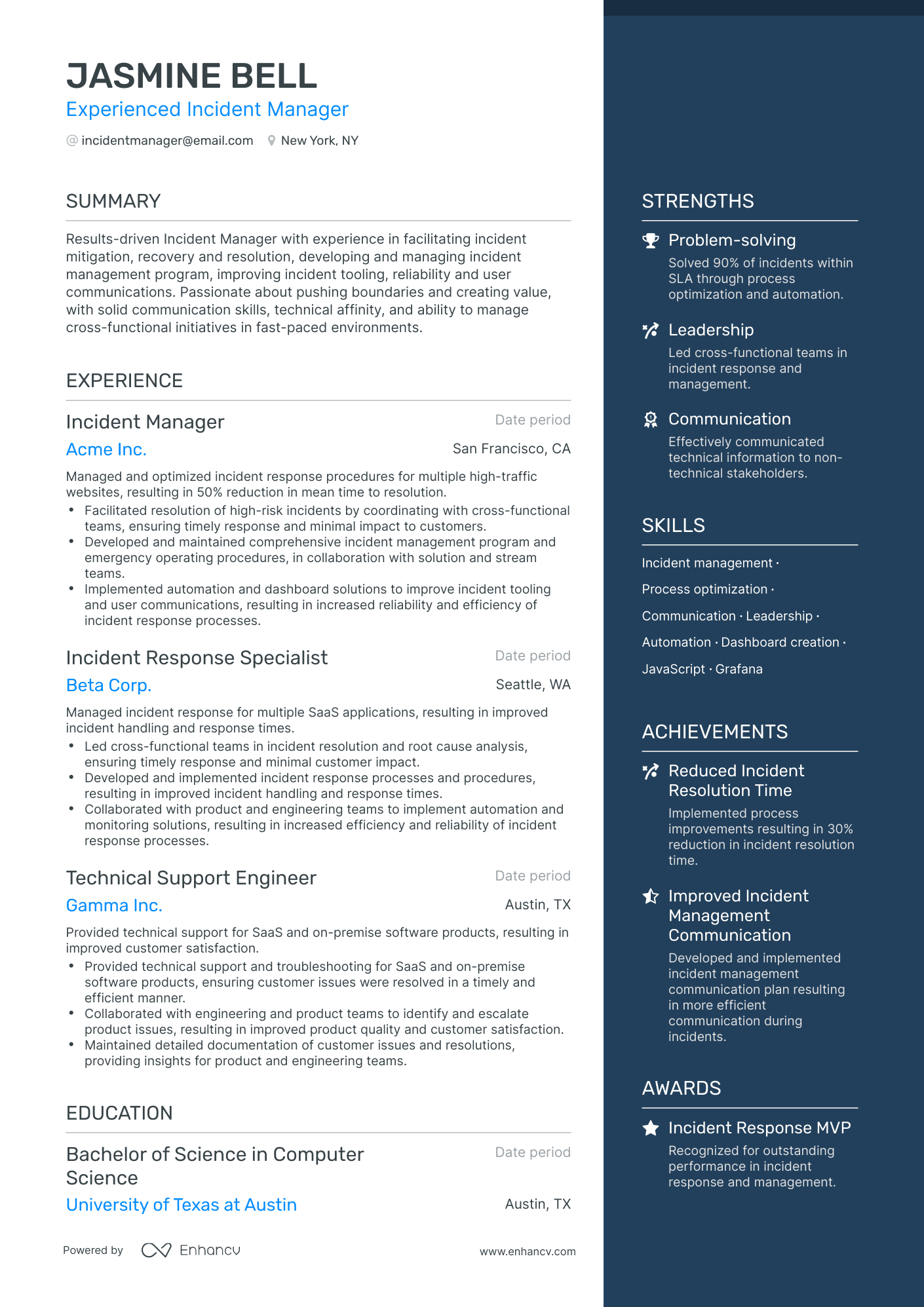 One Page Incident Manager Resume Template