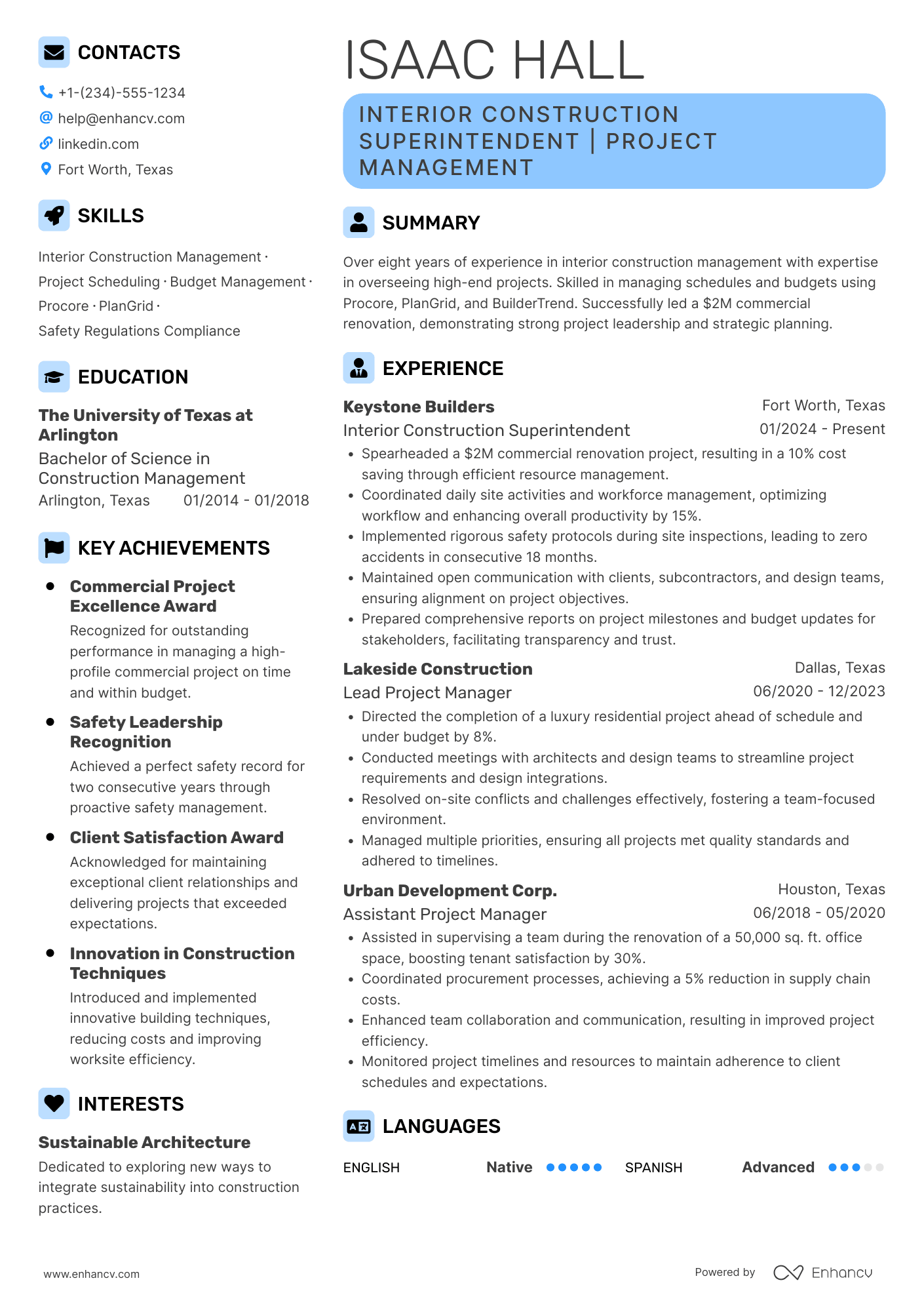 A resume example of a Interior Construction Superintendent