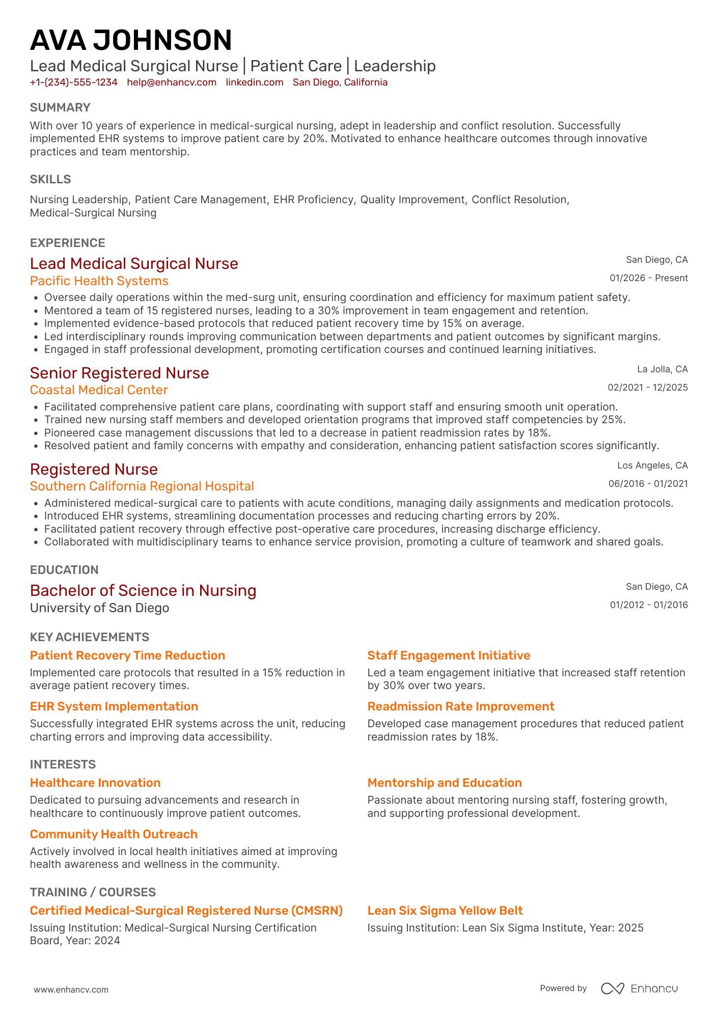 A resume example of a Lead Medical Surgical Nurse