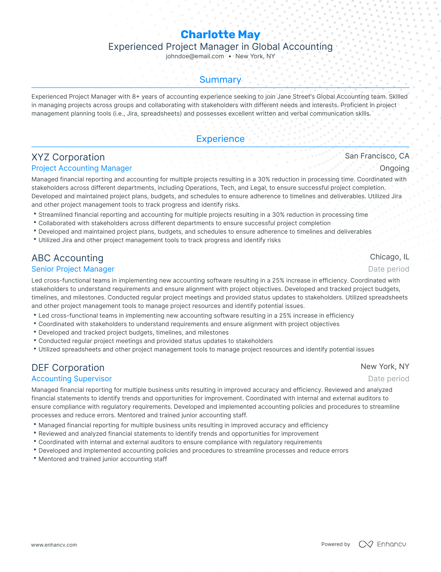 Traditional Project Accounting Resume Template