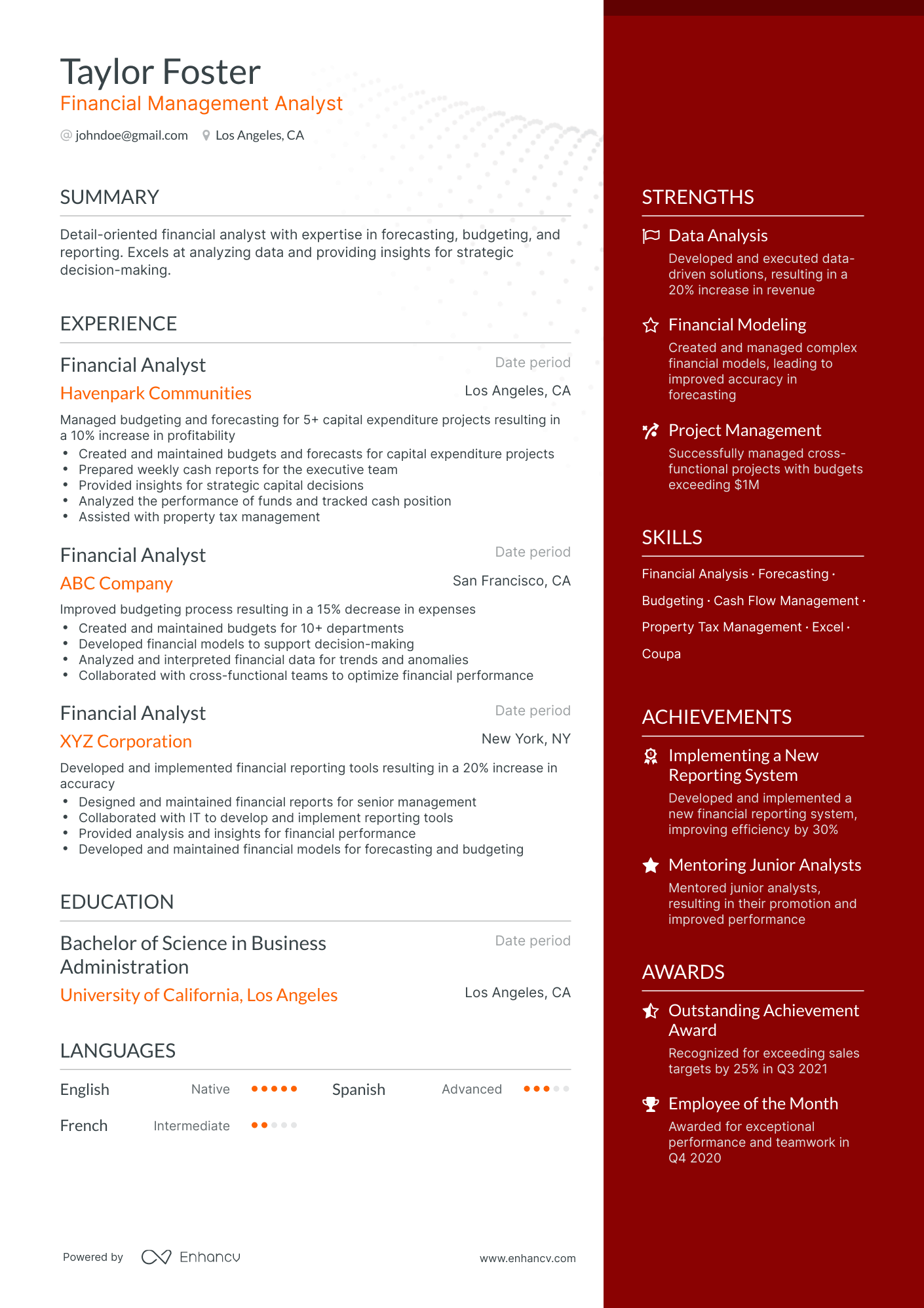 One Page Financial Management Analyst Resume Template