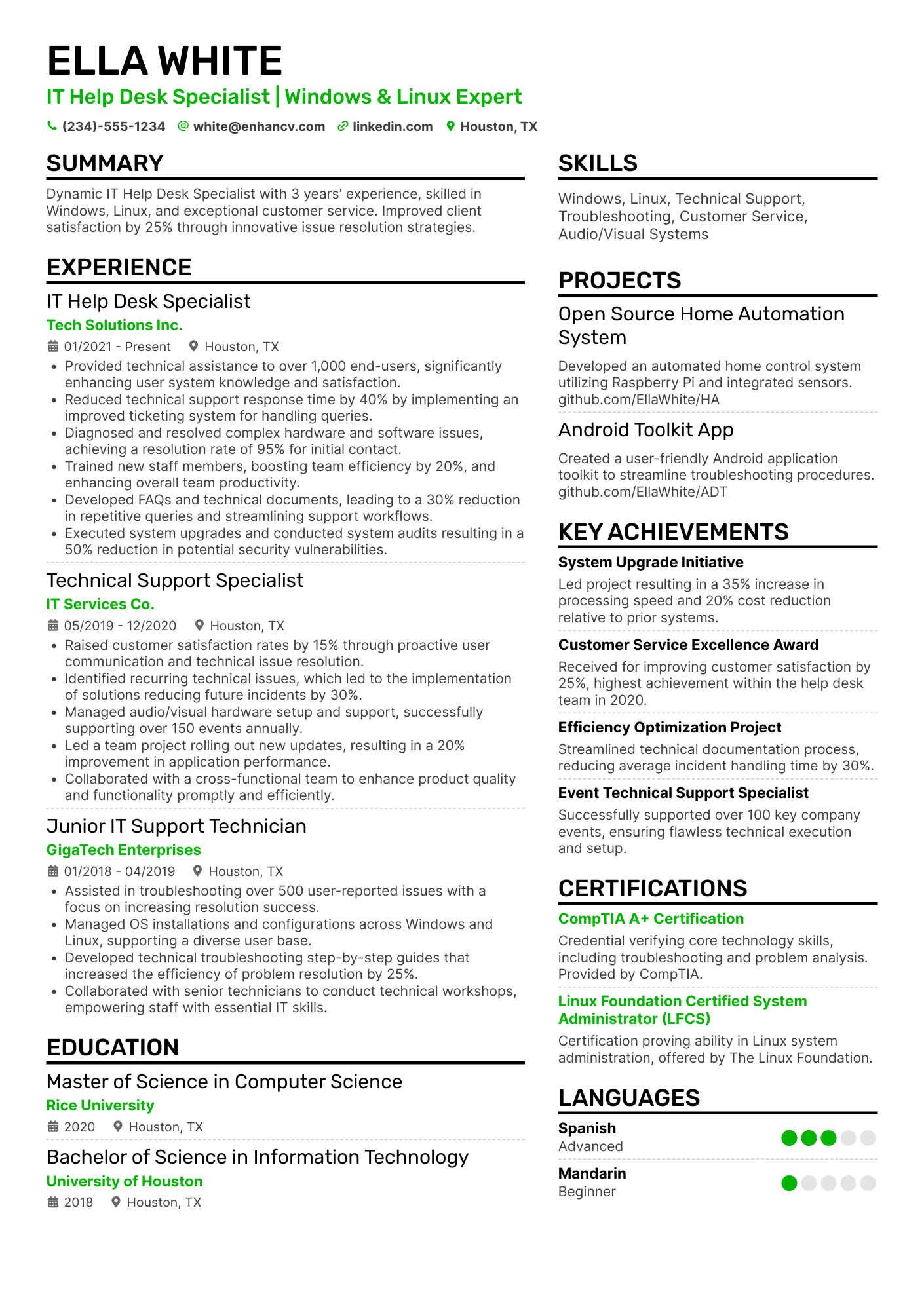 A resume example of a IT Support Specialist