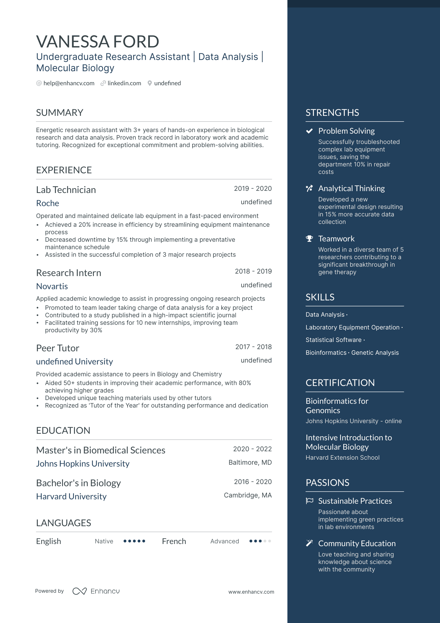 A resume example of a Undergraduate Research Assistant