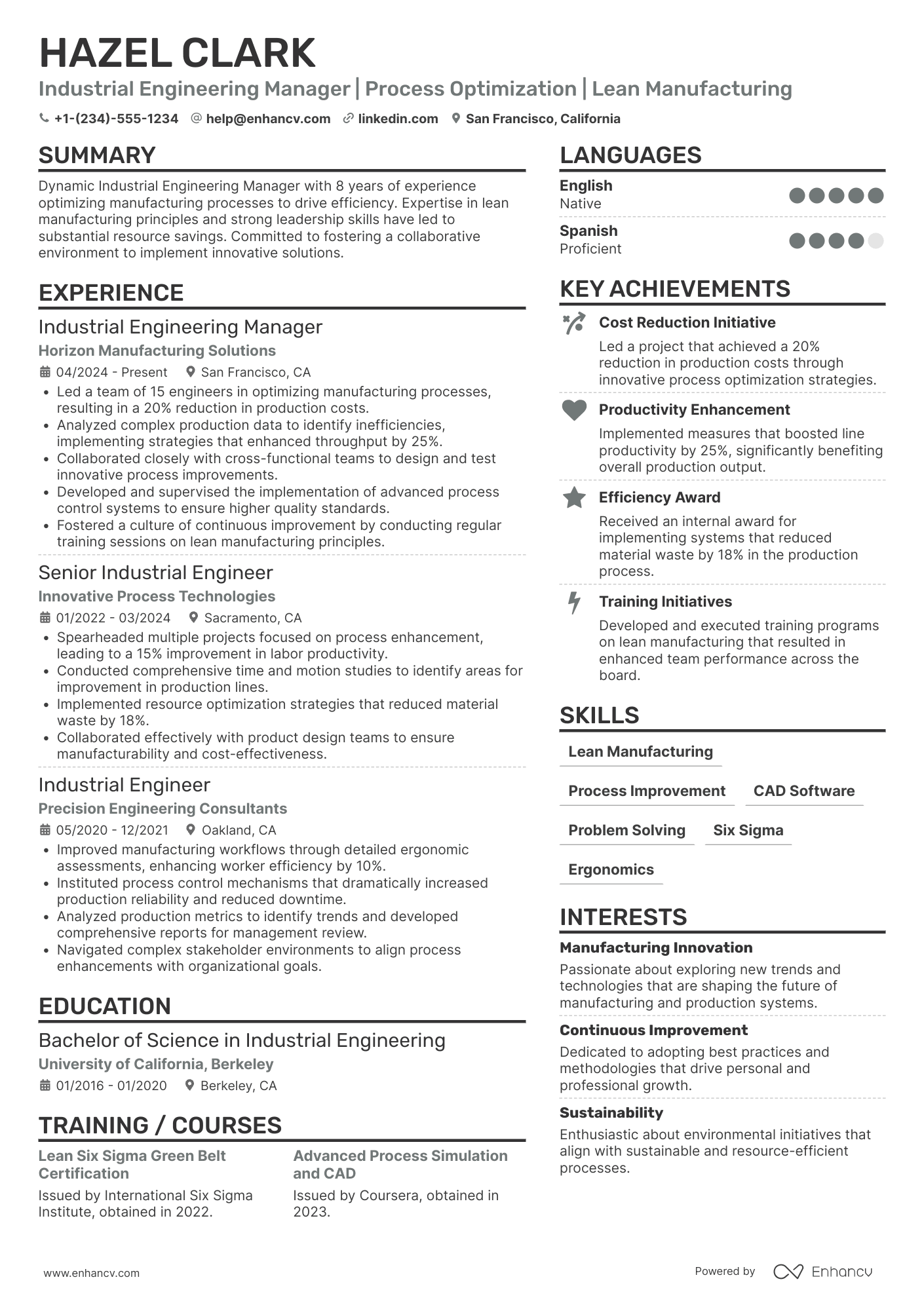 A resume example of a Industrial Engineering Manager