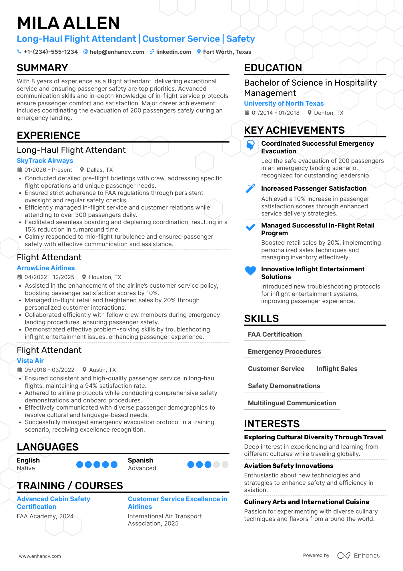 A resume example of a Long Haul Flight Attendant