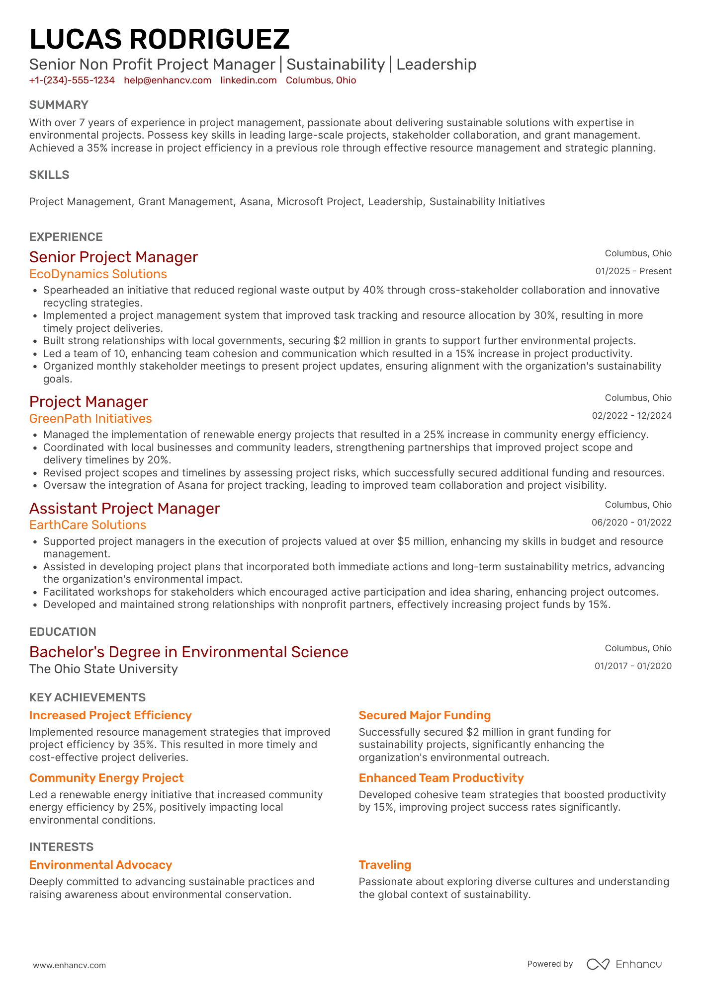 A resume example of a Senior Non Profit Project Manager
