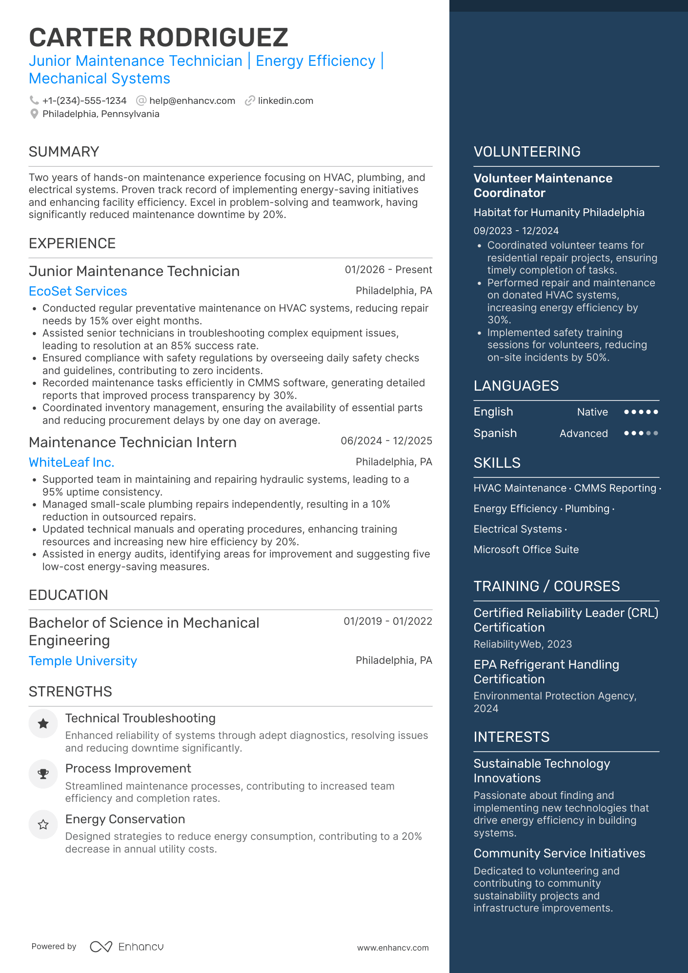 A resume example of a Junior Maintenance Technician