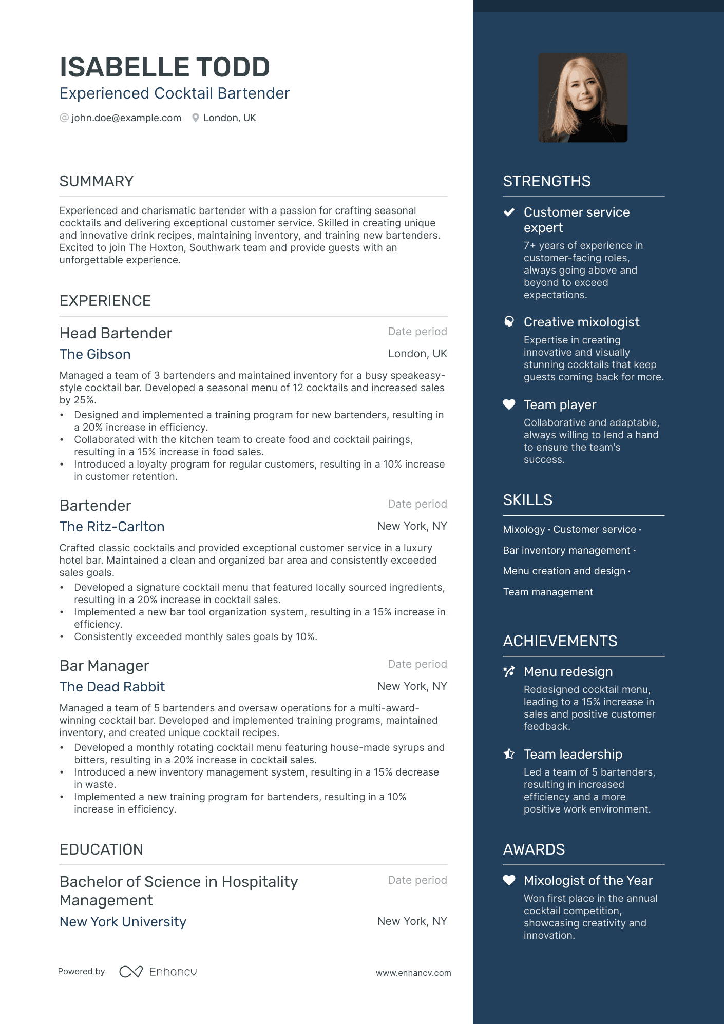 A resume example of a Cocktail Bartender