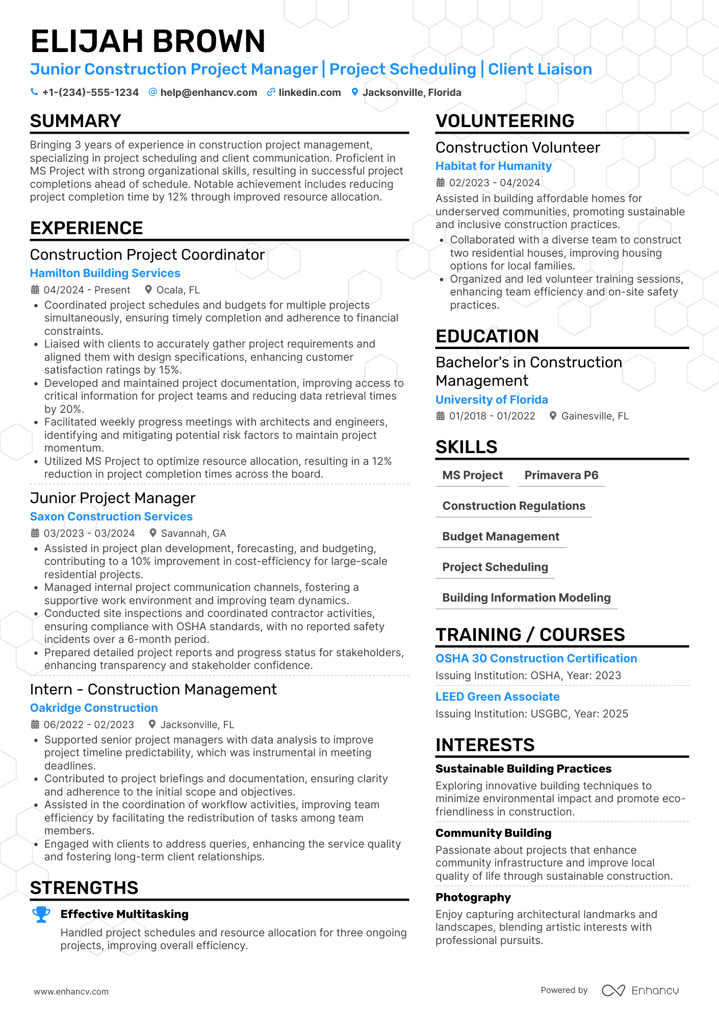 A resume example of a Junior Construction Project Manager