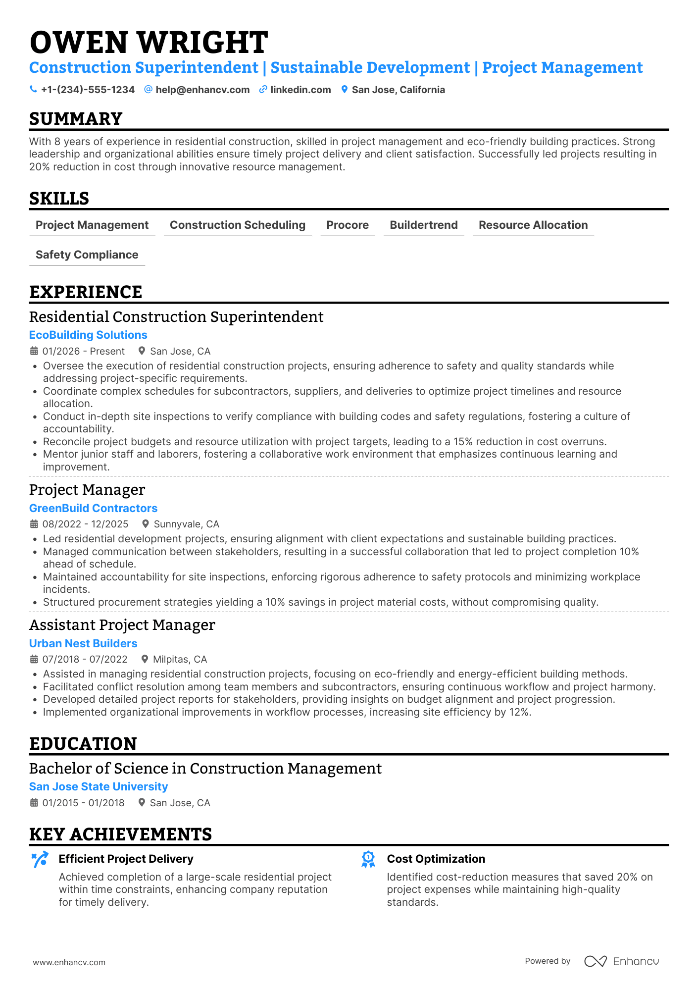 A resume example of a Residential Construction Superintendent