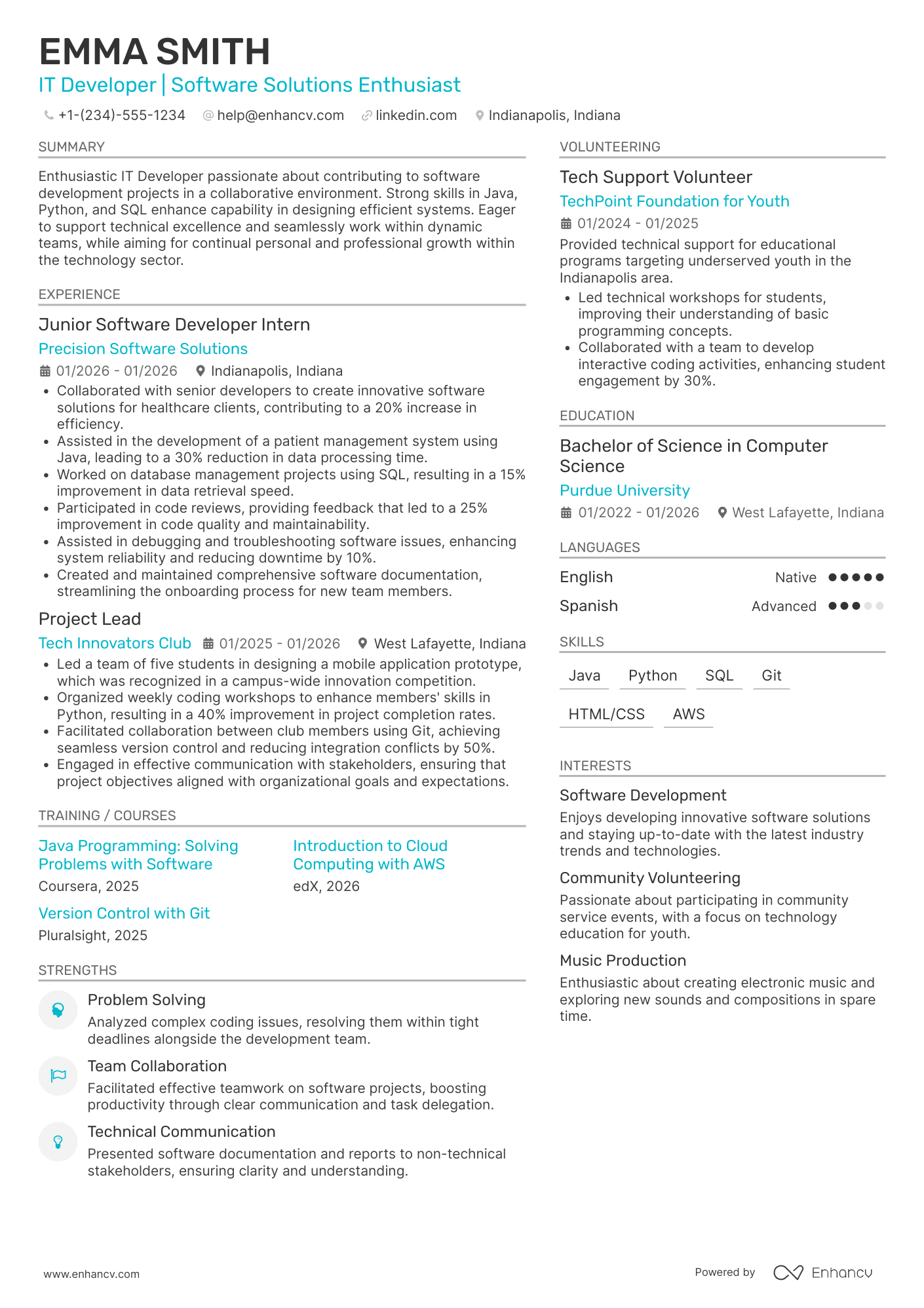 A resume example of a Entry Level IT Developer