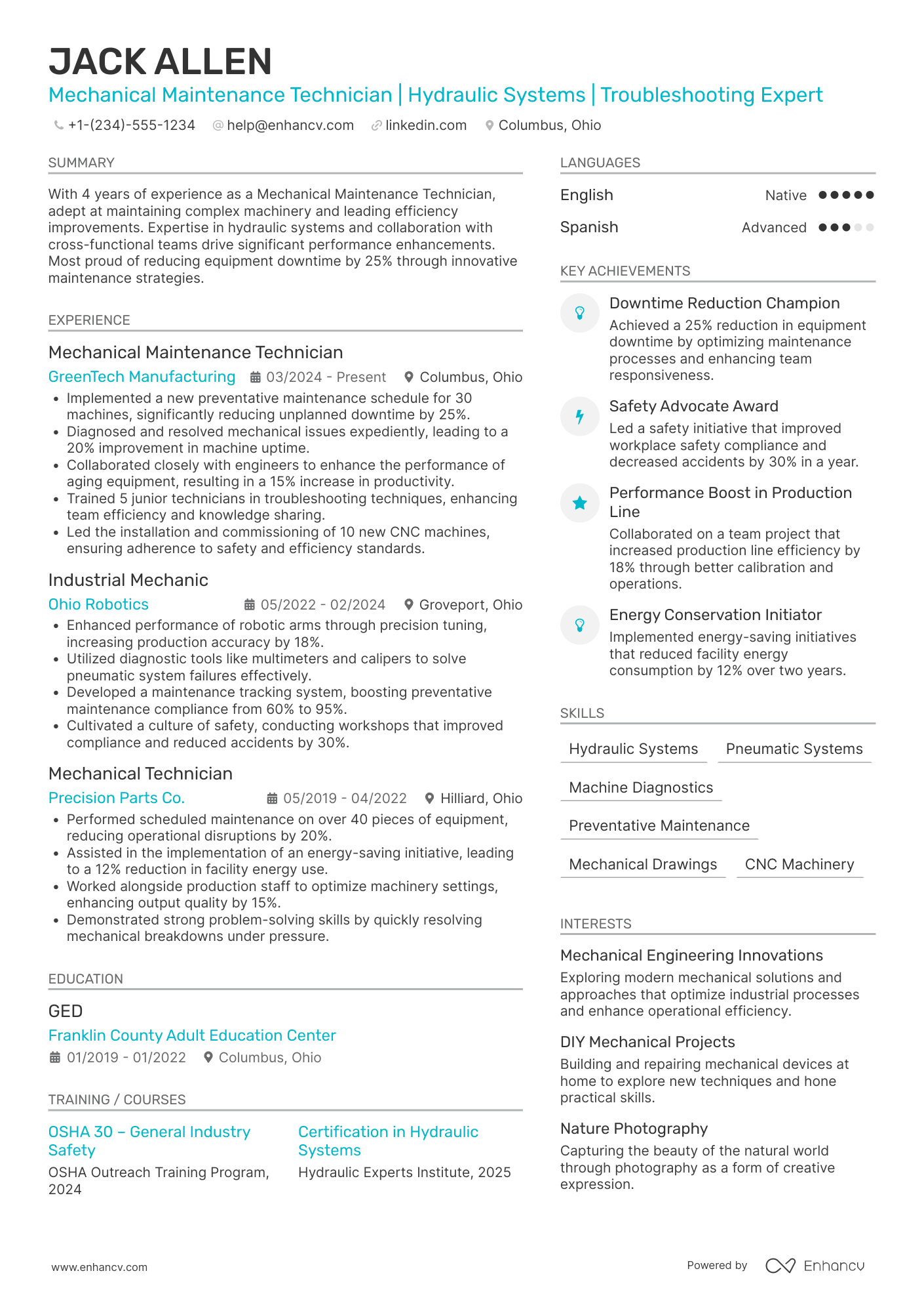 A resume example of a Mechanical Maintenance Technician