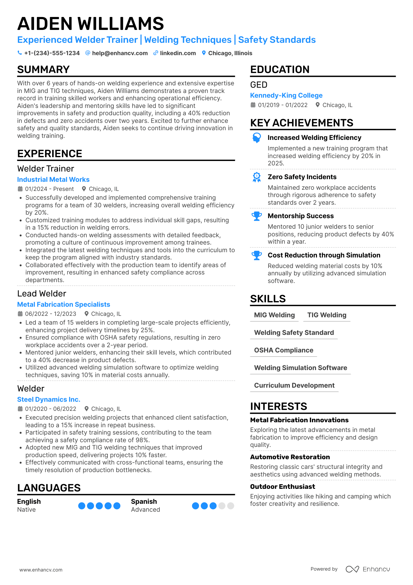 A resume example of a Welder Trainer