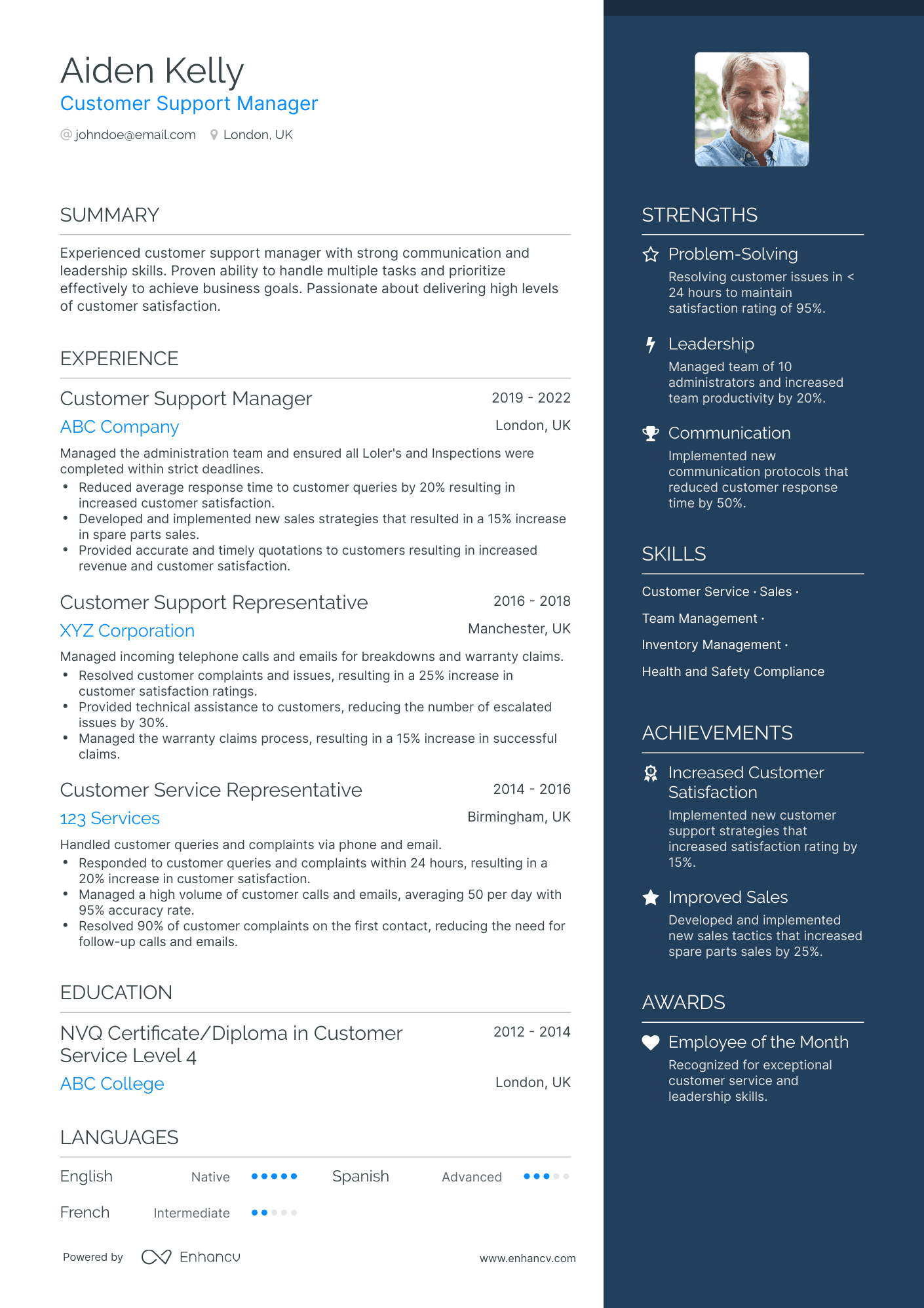 One Page Customer Support Manager Resume Template