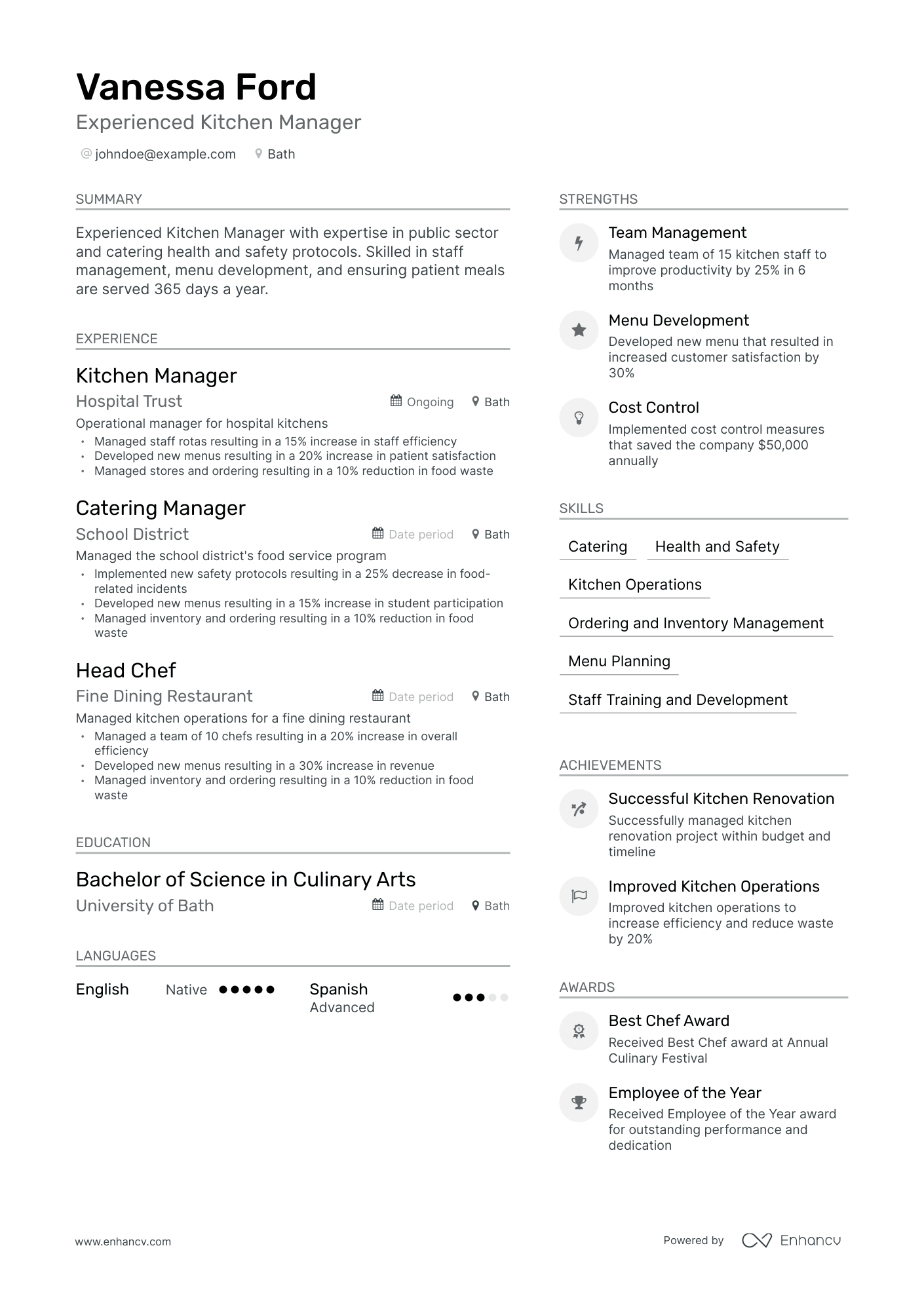 Modern Kitchen Manager Resume Template