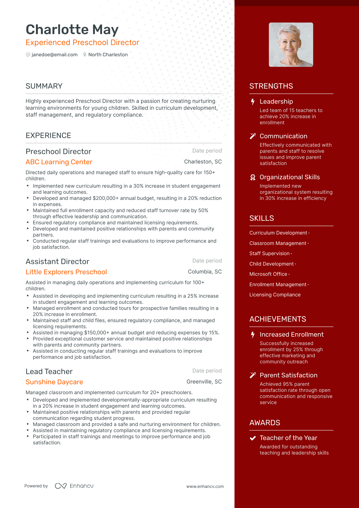 One Page Preschool Director Resume Template
