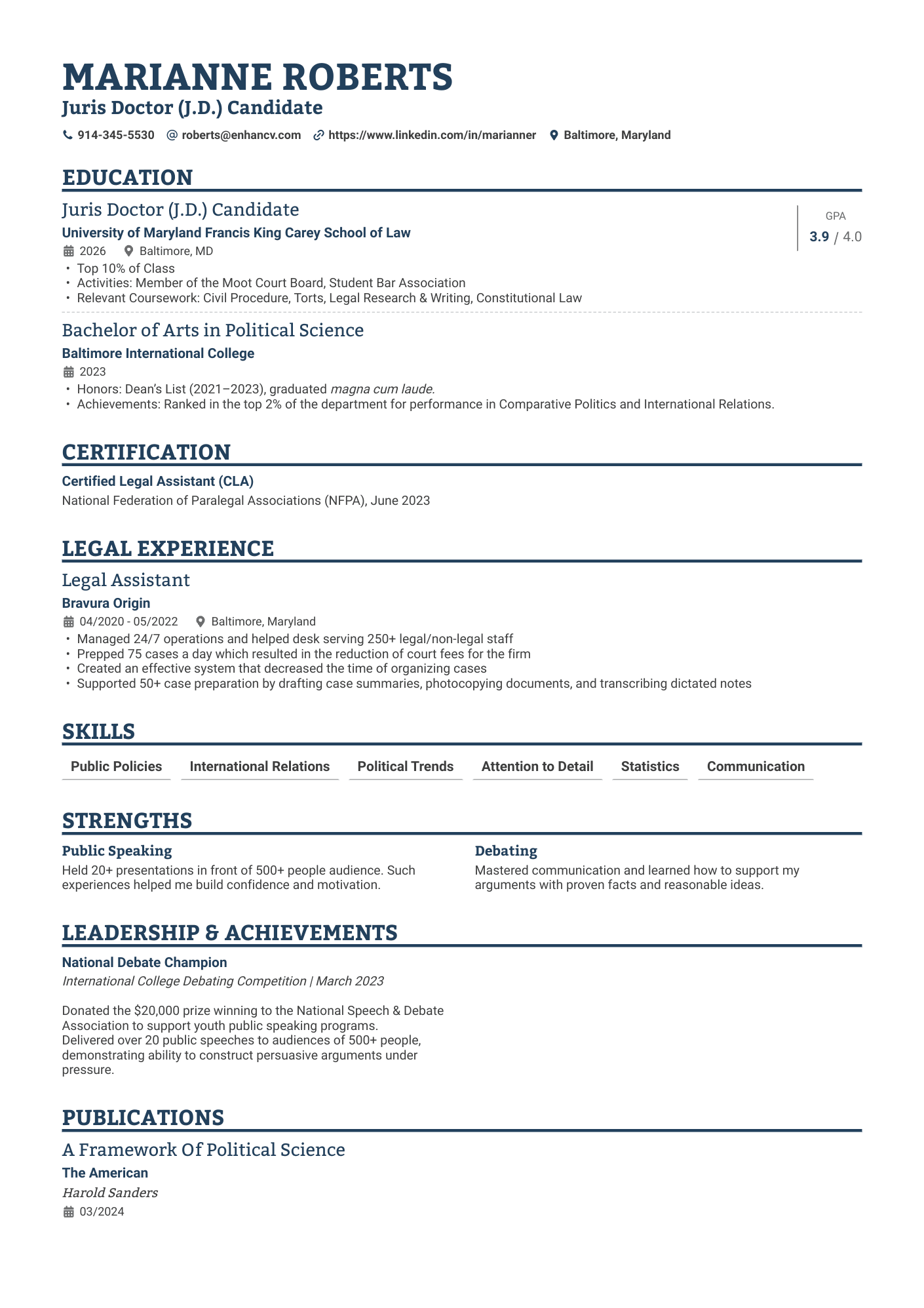 A resume example of a Law College Student