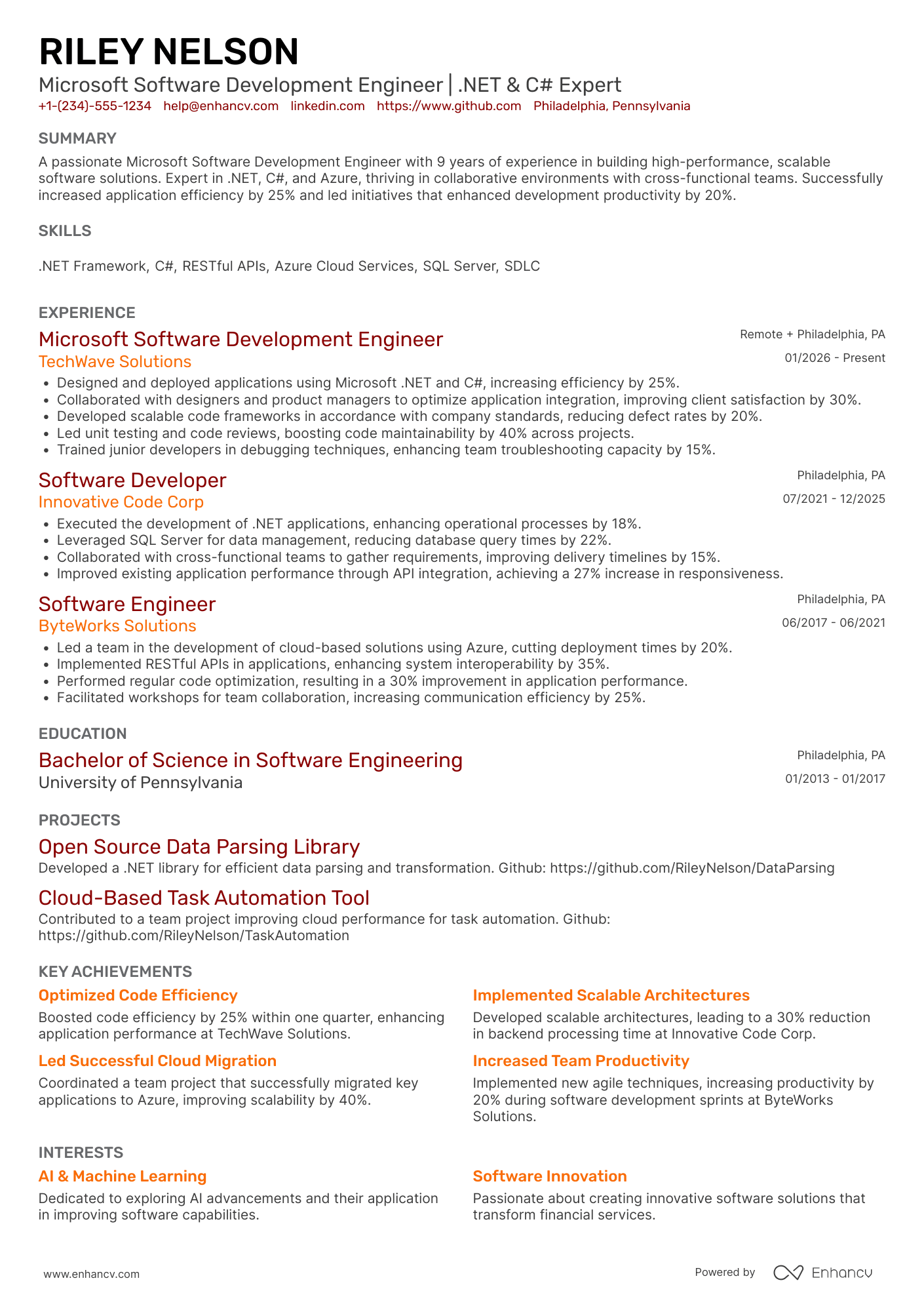 A resume example of a Microsoft Software Development Engineer