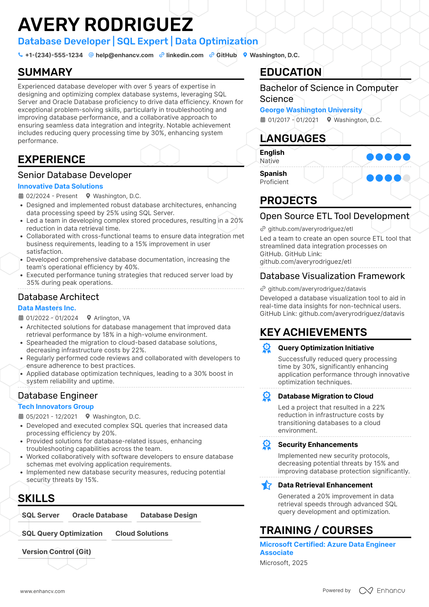A resume example of a Database Developer