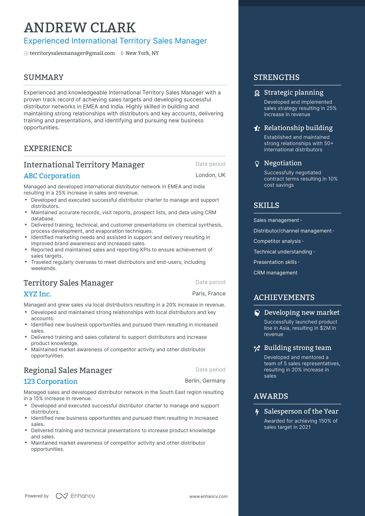 One Page Territory Sales Manager Resume Template