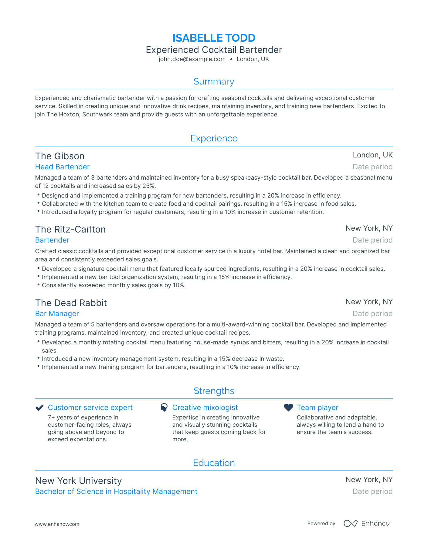 Traditional Cocktail Bartender Resume Template