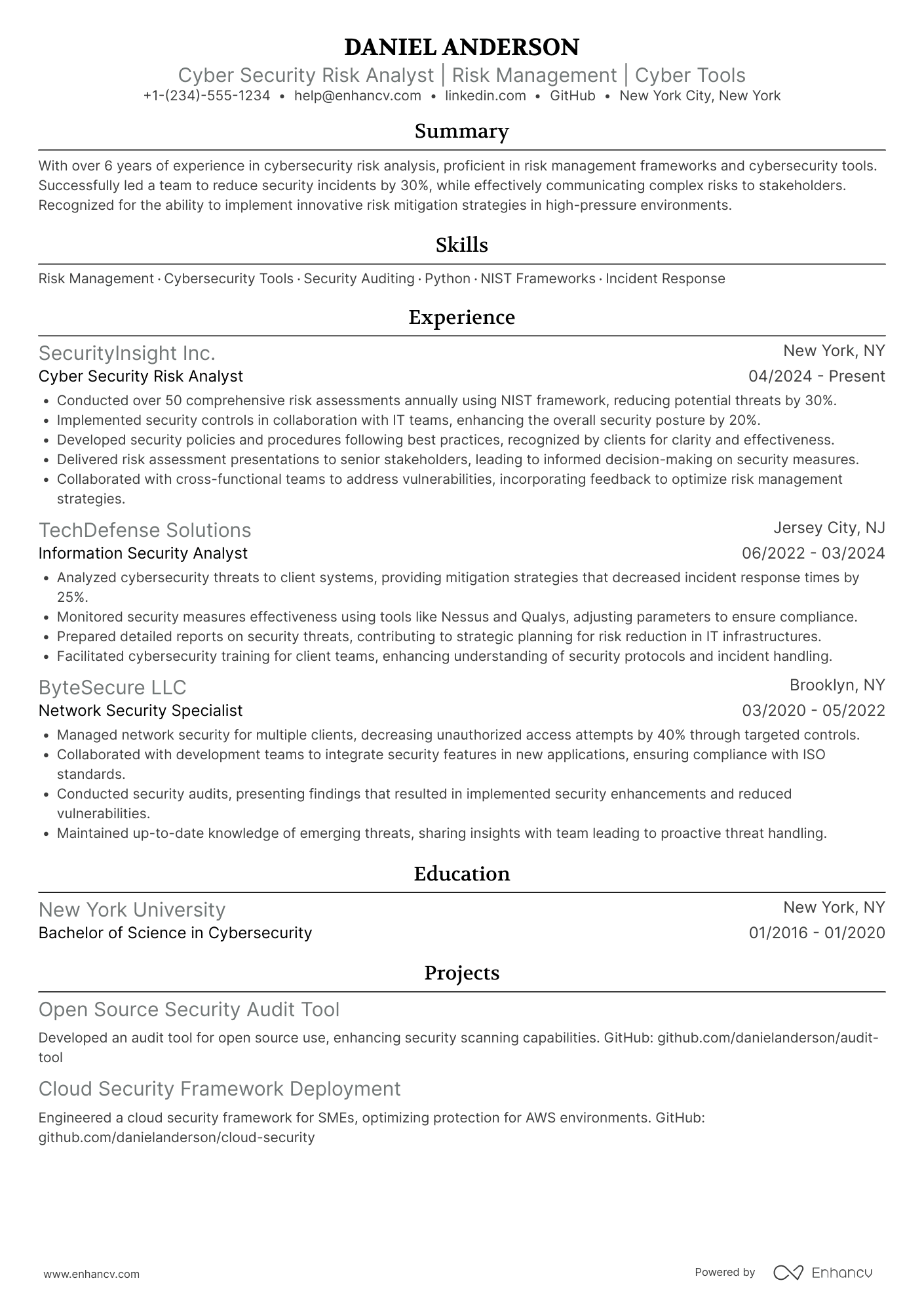 A resume example of a Cyber Security Risk Analyst