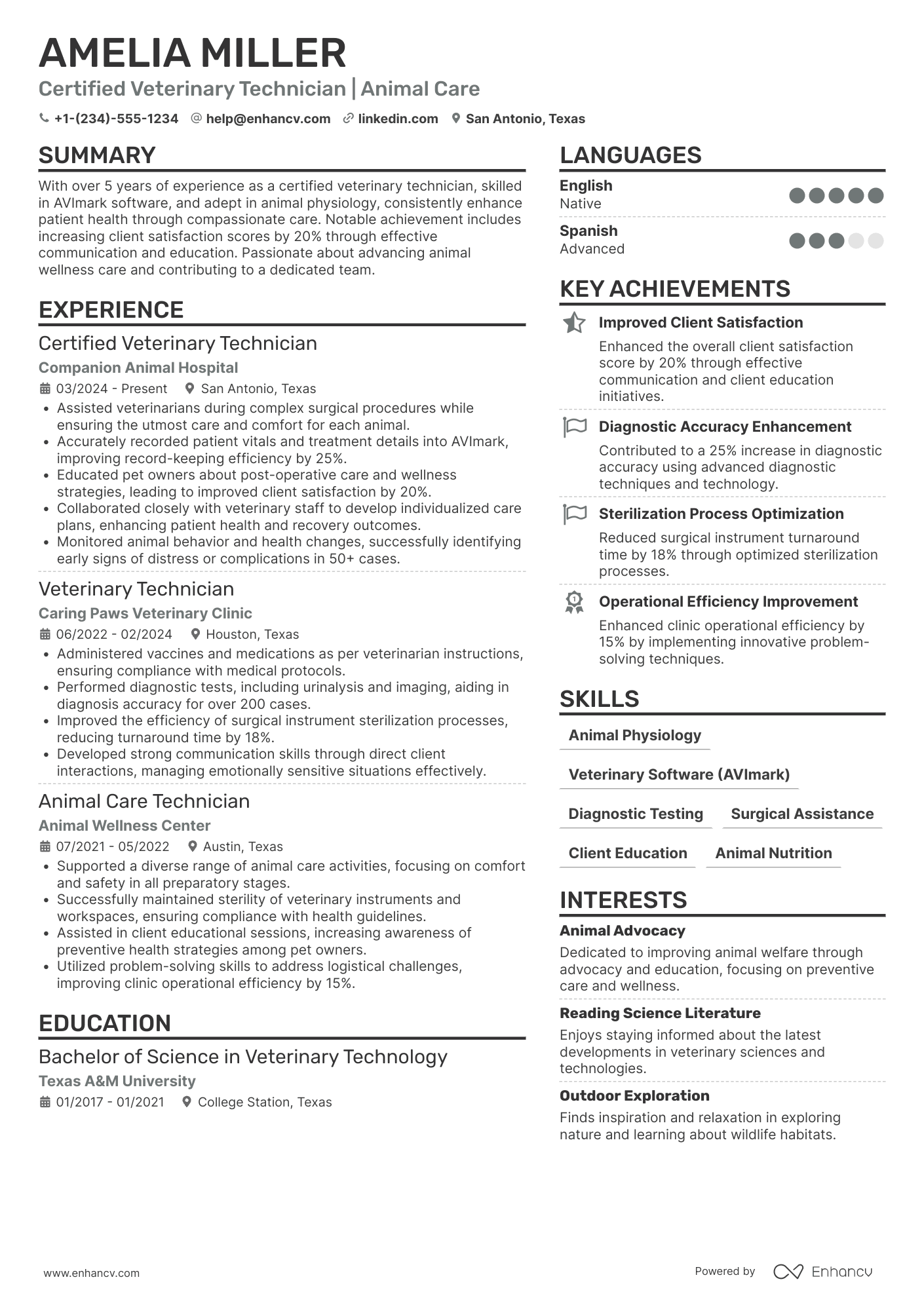 A resume example of a Certified Veterinary Technician