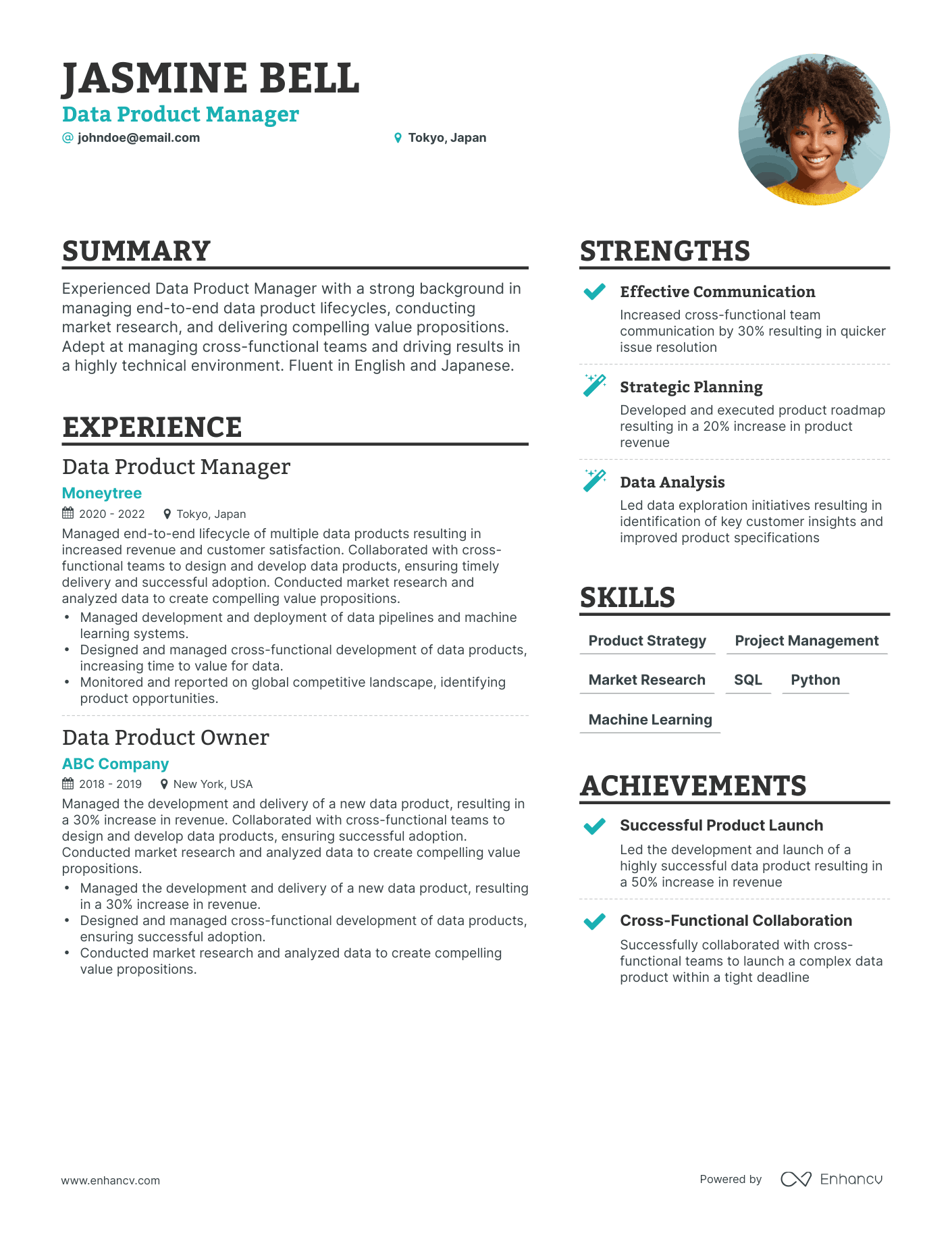 Simple Data Product Manager Resume Template