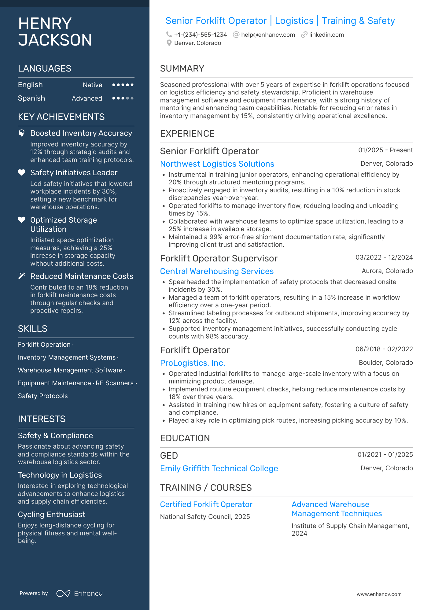 A resume example of a Senior Forklift Operator