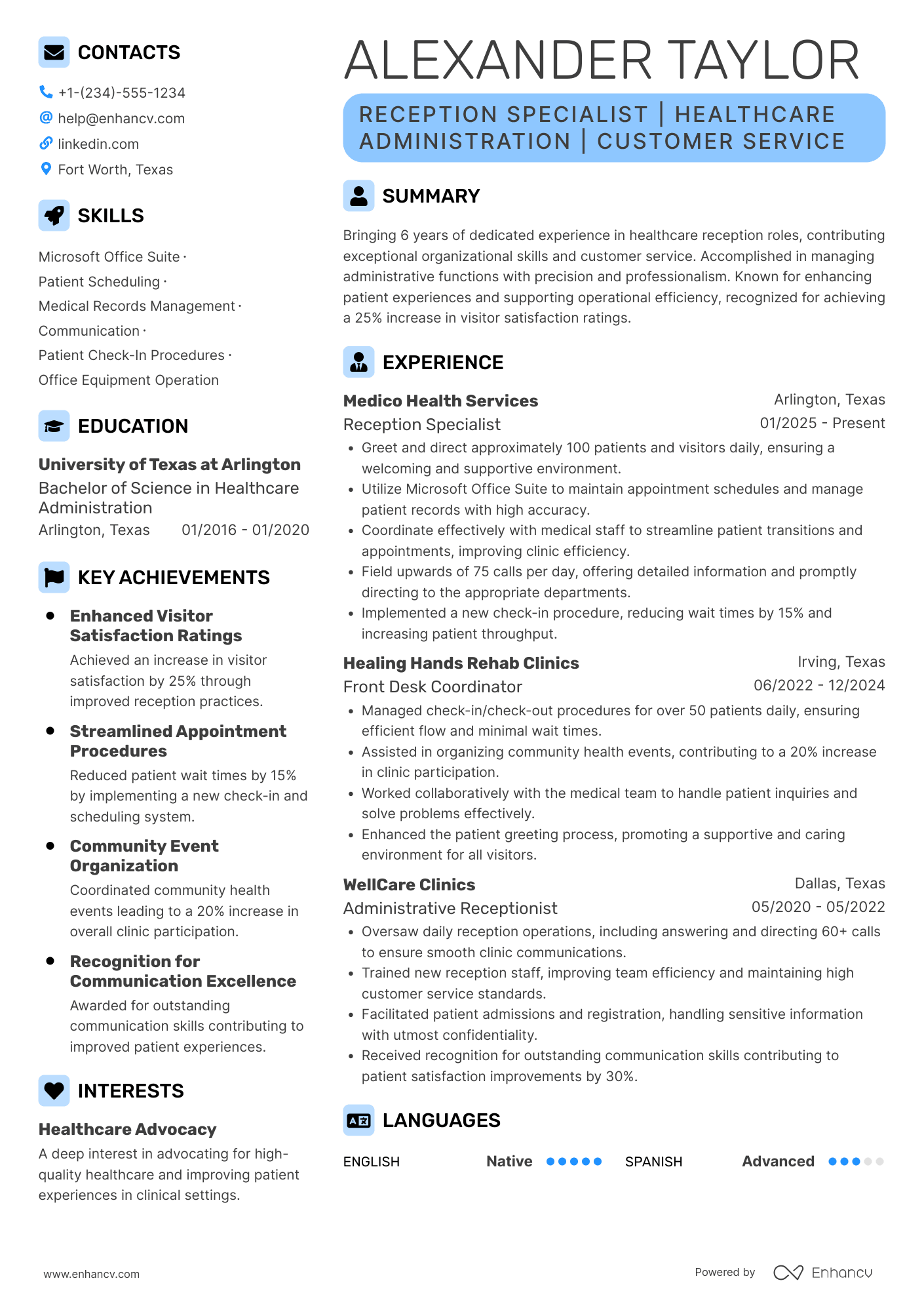 A resume example of a Hospital Volunteer Receptionist