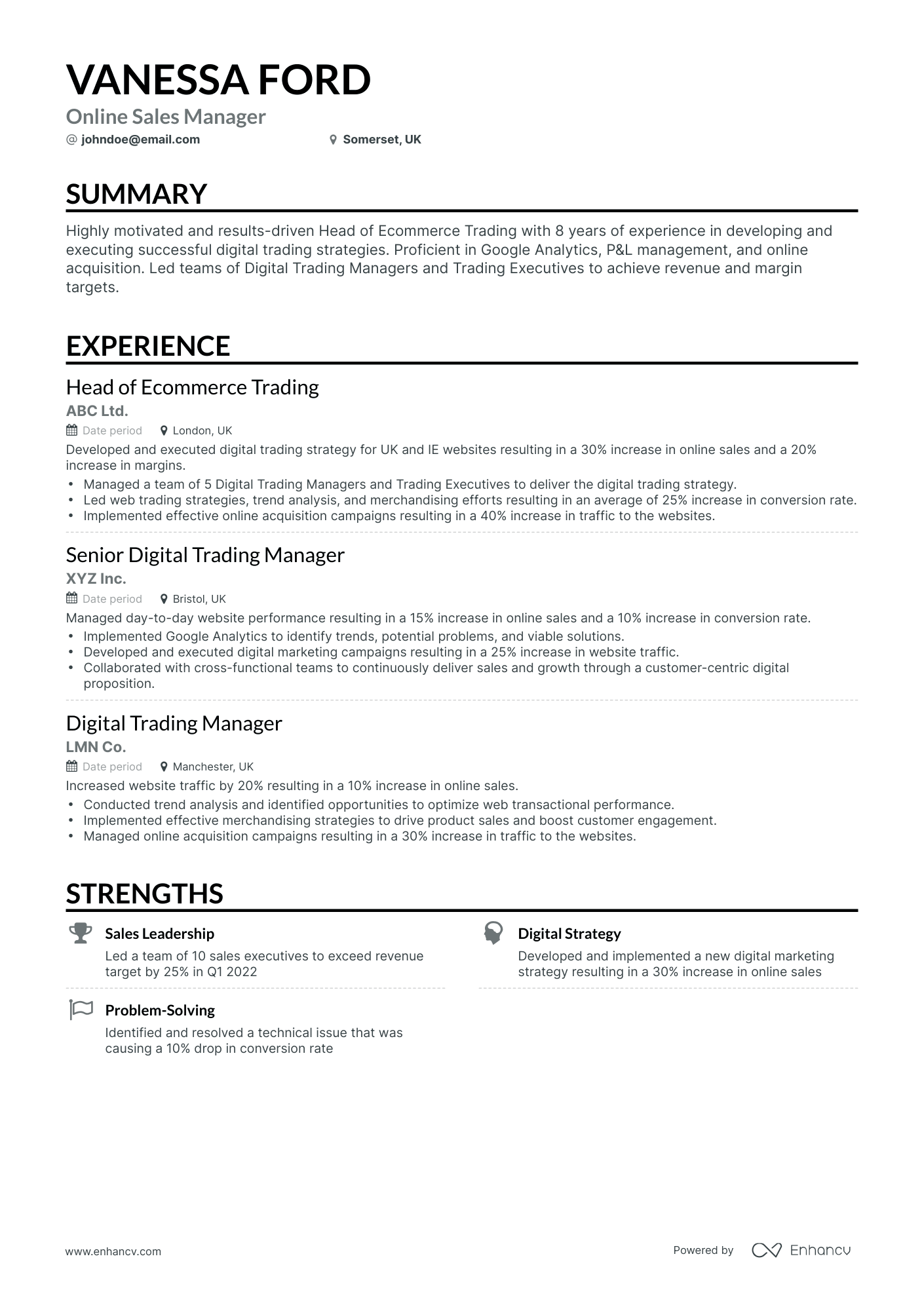 Classic Online Sales Manager Resume Template